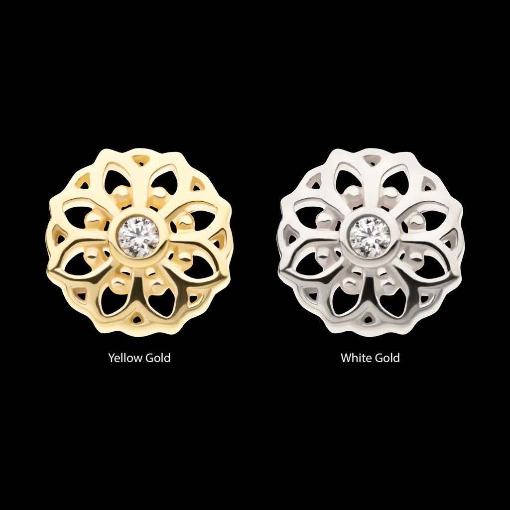 Mandala Flower with Bezel Gem Flatback Stud Earring / Nosering - Gem in 14Kt Gold