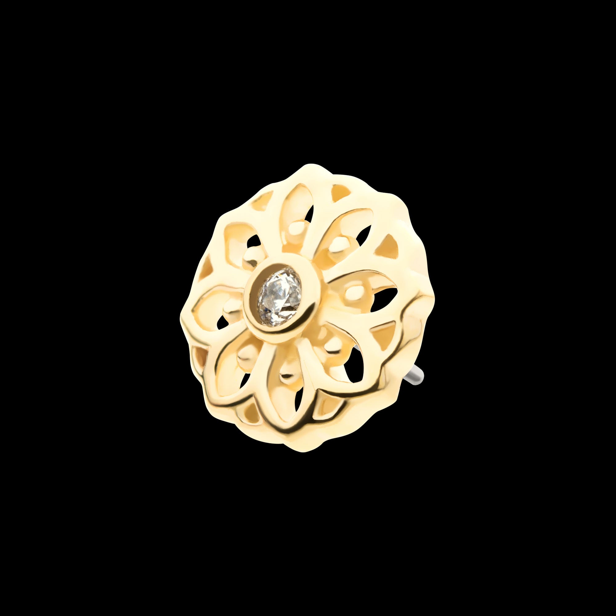 Mandala Flower with Bezel Gem Flatback Stud Earring / Nosering - Gem in 14Kt Gold