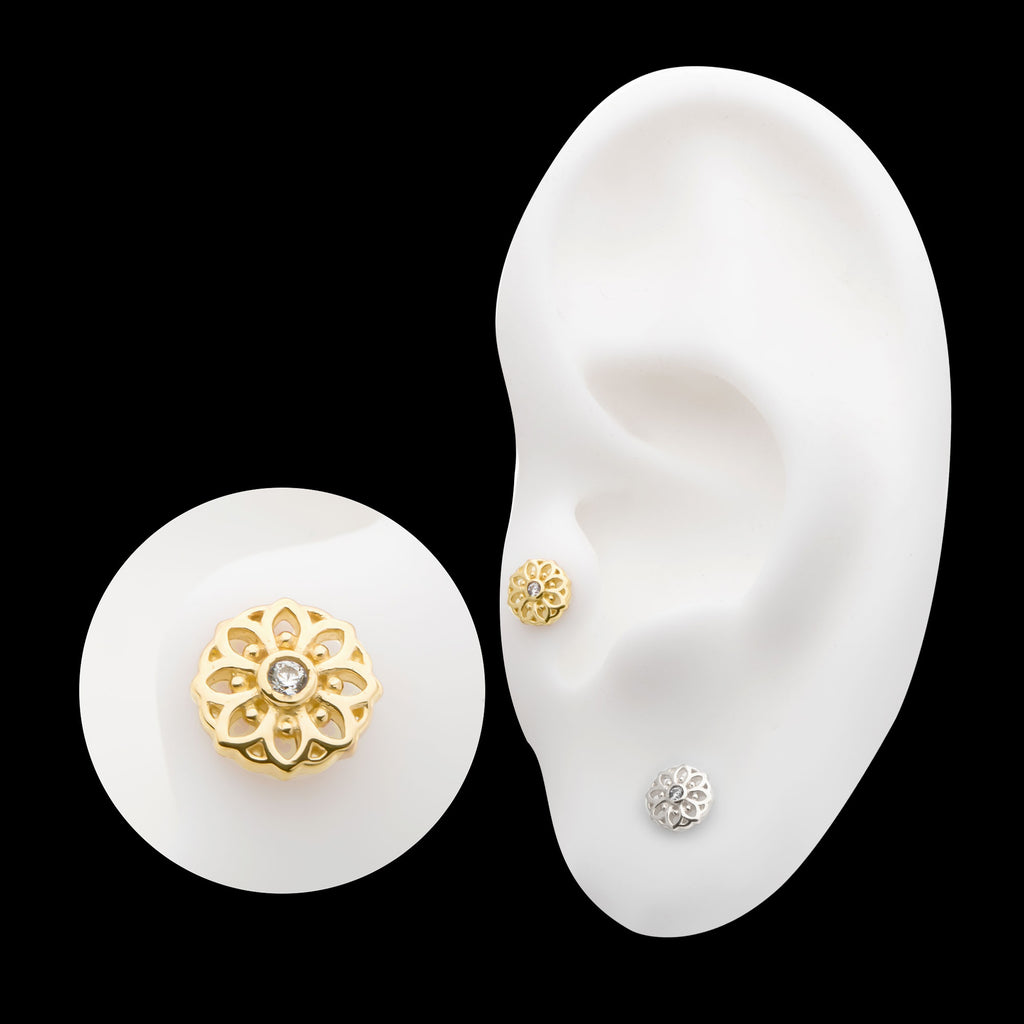 Mandala Flower with Bezel Gem Flatback Stud Earring / Nosering - Gem in 14Kt Gold