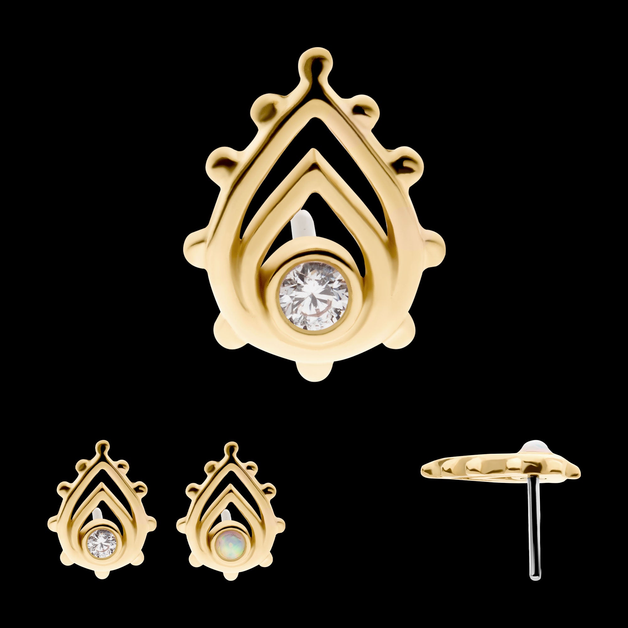 Bezel Set Gem/Opal Beaded Edge Teardrop Flatback Stud Earring / Nosering - Opal in 14Kt Yellow Gold