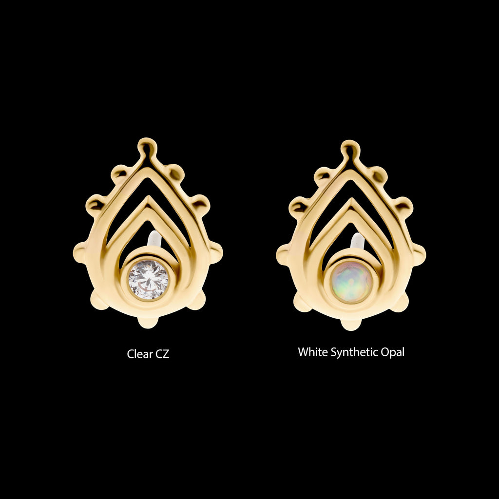 Bezel Set Gem/Opal Beaded Edge Teardrop Flatback Stud Earring / Nosering - Opal in 14Kt Yellow Gold