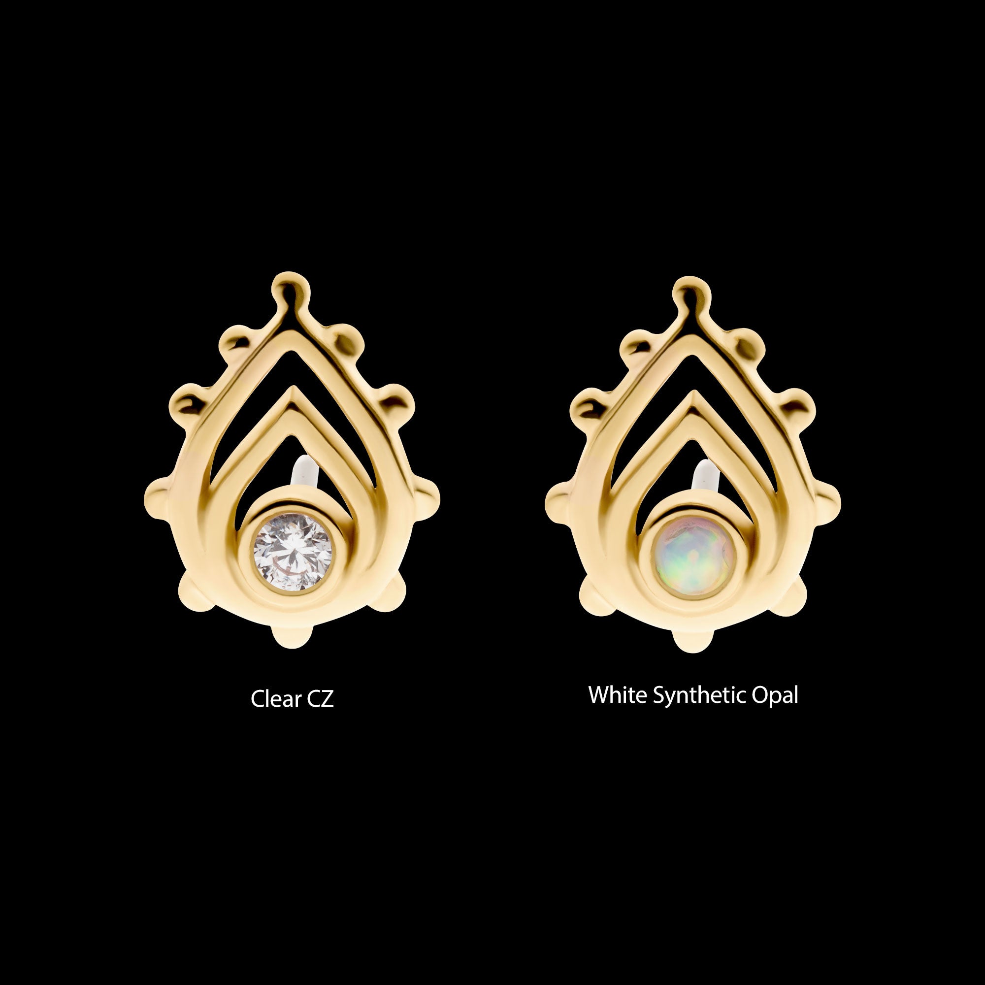 Bezel Set Gem/Opal Beaded Edge Teardrop Flatback Stud Earring / Nosering - Opal in 14Kt Yellow Gold