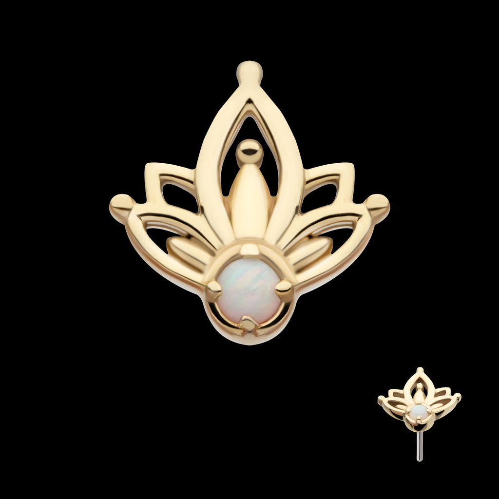 Prong Set Round White Opal Petal Flower Flatback Stud Earring / Nosering - White Opal & Opal in 14Kt Yellow Gold