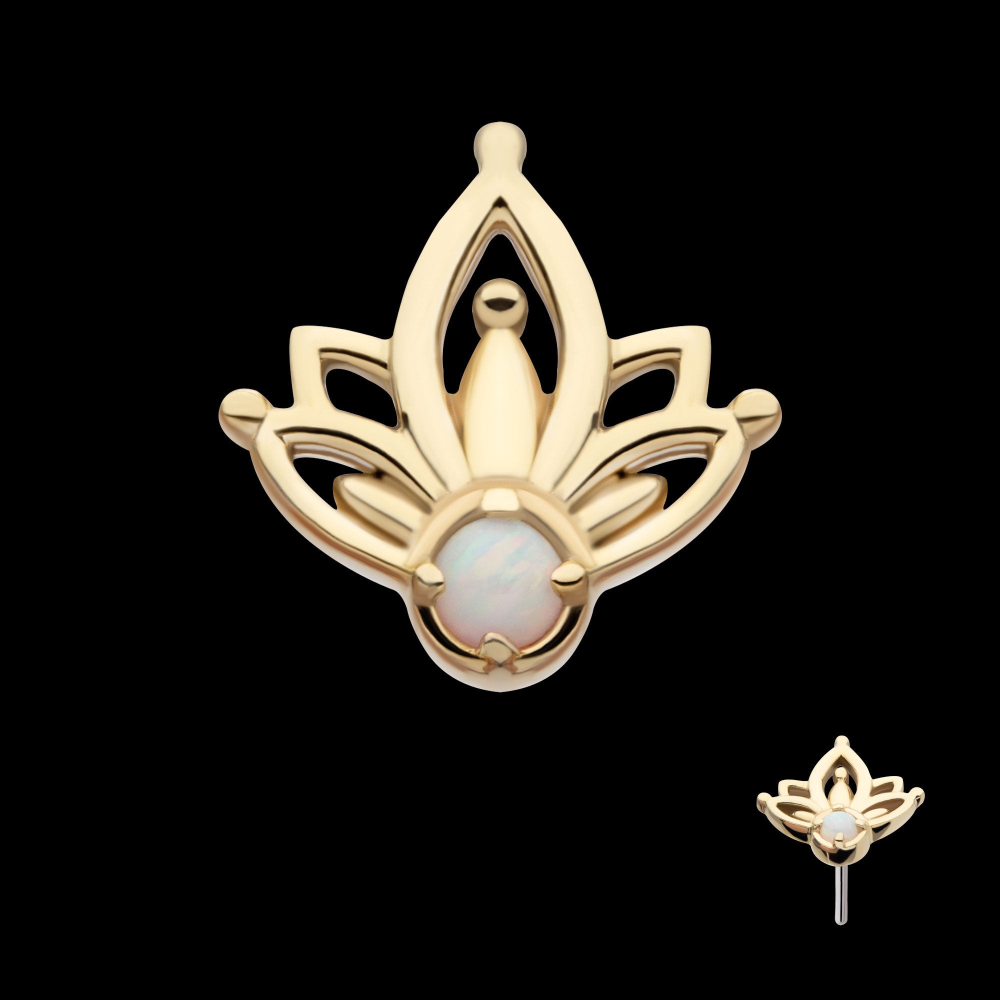 Prong Set Round White Opal Petal Flower Flatback Stud Earring / Nosering - White Opal & Opal in 14Kt Yellow Gold