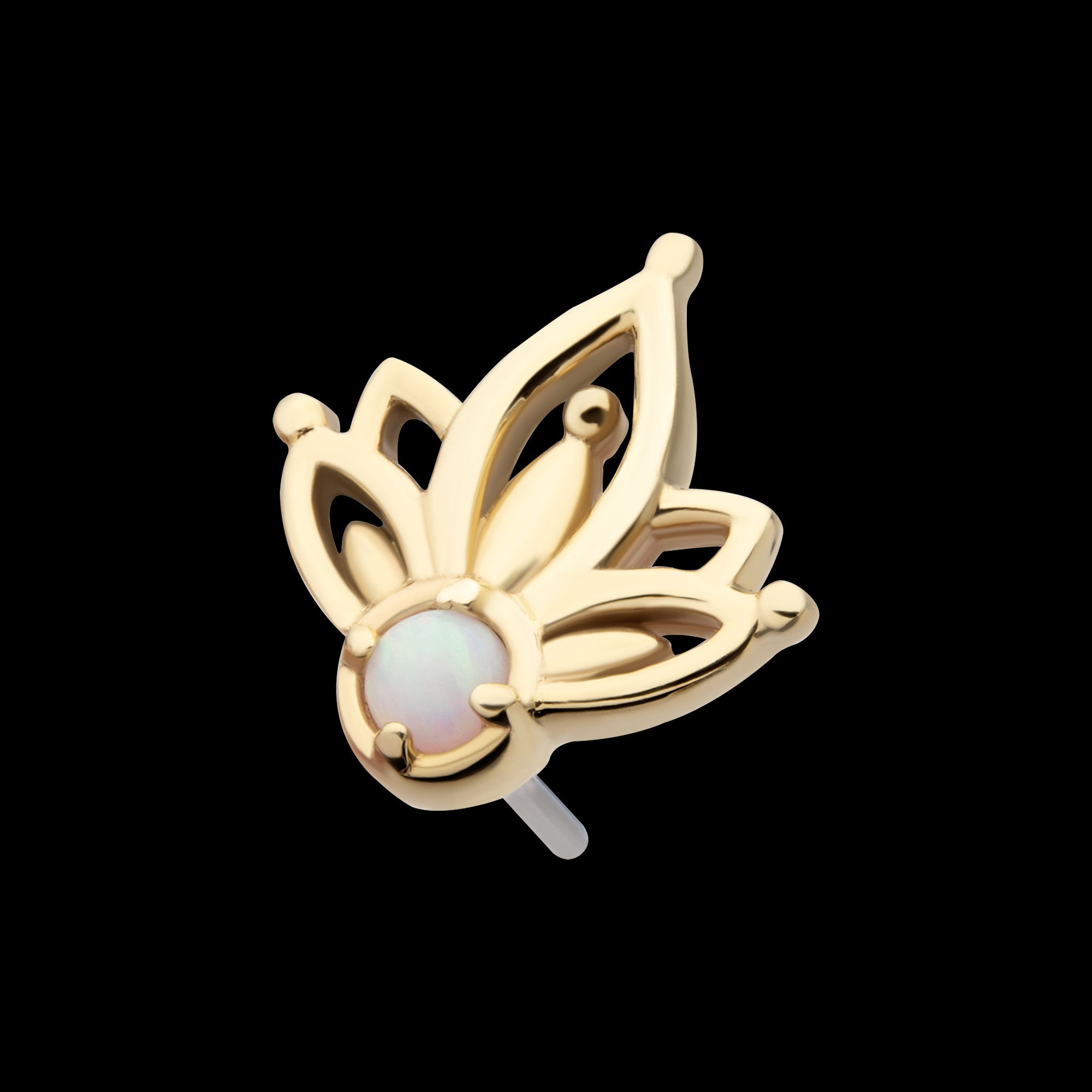 Prong Set Round White Opal Petal Flower Flatback Stud Earring / Nosering - White Opal & Opal in 14Kt Yellow Gold