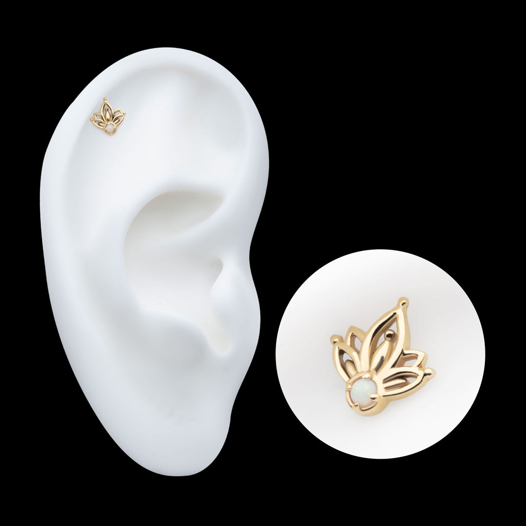 Prong Set Round White Opal Petal Flower Flatback Stud Earring / Nosering - White Opal & Opal in 14Kt Yellow Gold