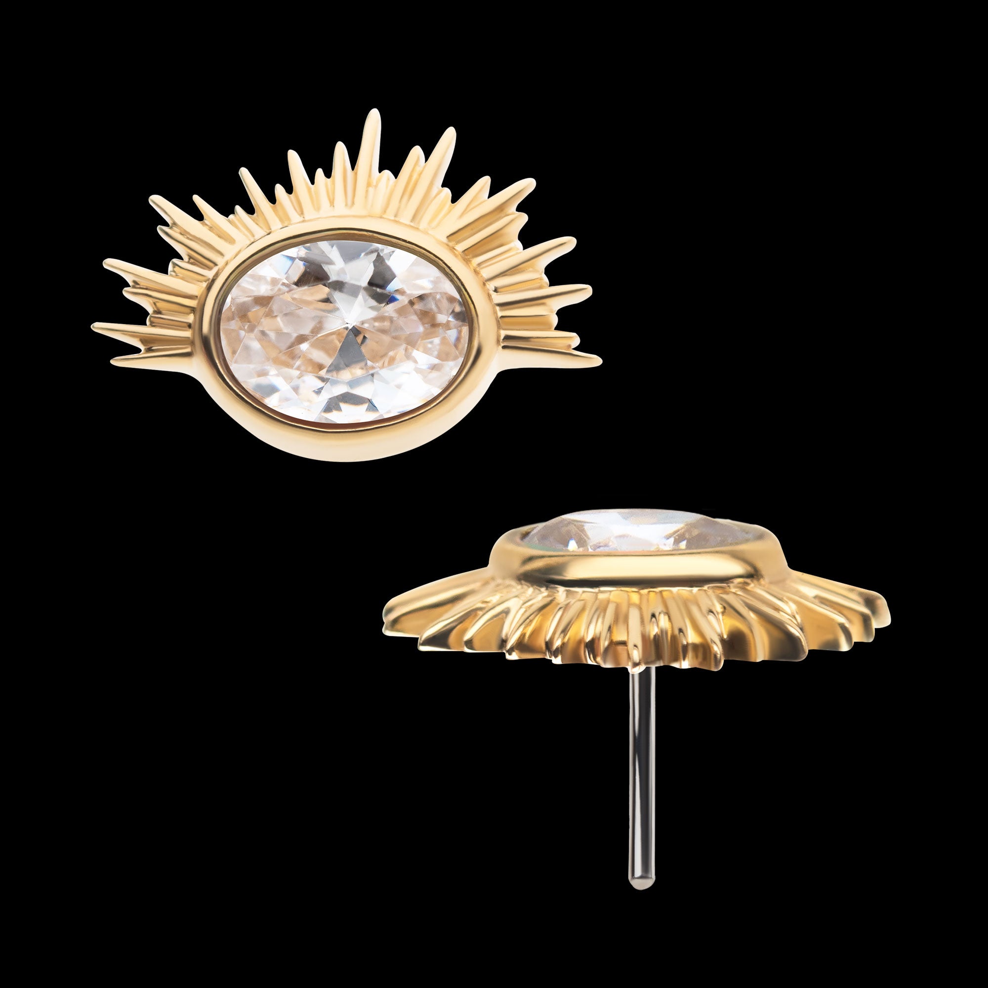 Bezel Set Oval Clear CZ/White Synthetic Opal Starburst Flatback Stud Earring / Nosering - Synthetic Opal & Clear CZ & Opal in 14Kt Yellow Gold