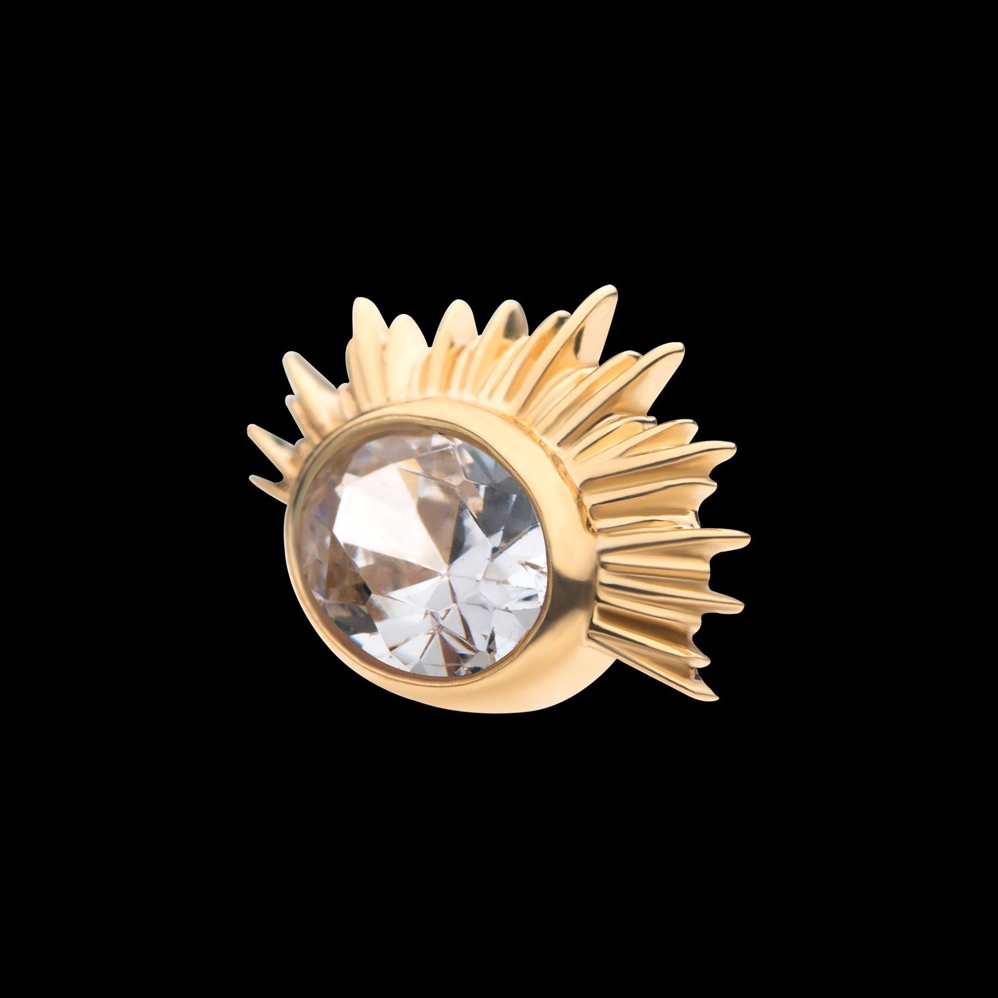 Bezel Set Oval Clear CZ/White Synthetic Opal Starburst Flatback Stud Earring / Nosering - Synthetic Opal & Clear CZ & Opal in 14Kt Yellow Gold