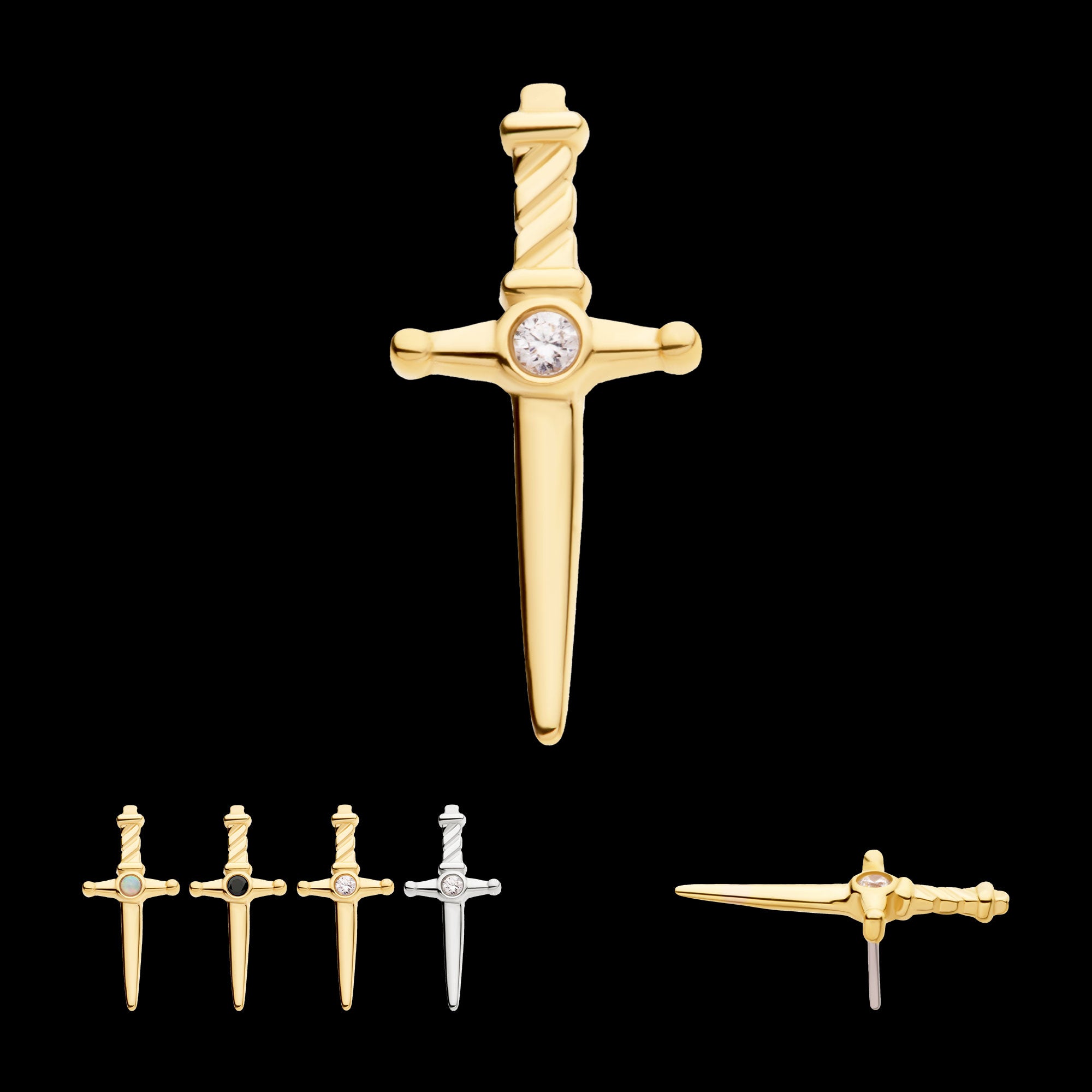 Dagger with Bezel Gem/Opal Flatback Stud Earring / Nosering - Opal in 14Kt Gold