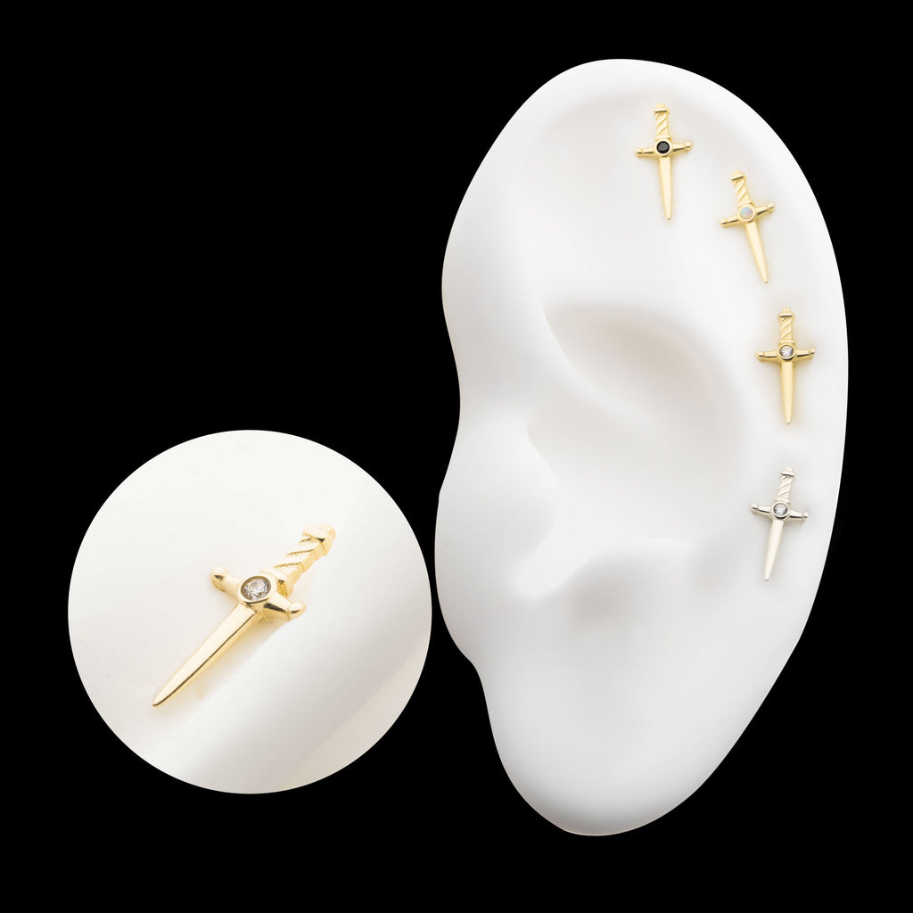 Dagger with Bezel Gem/Opal Flatback Stud Earring / Nosering - Opal in 14Kt Gold