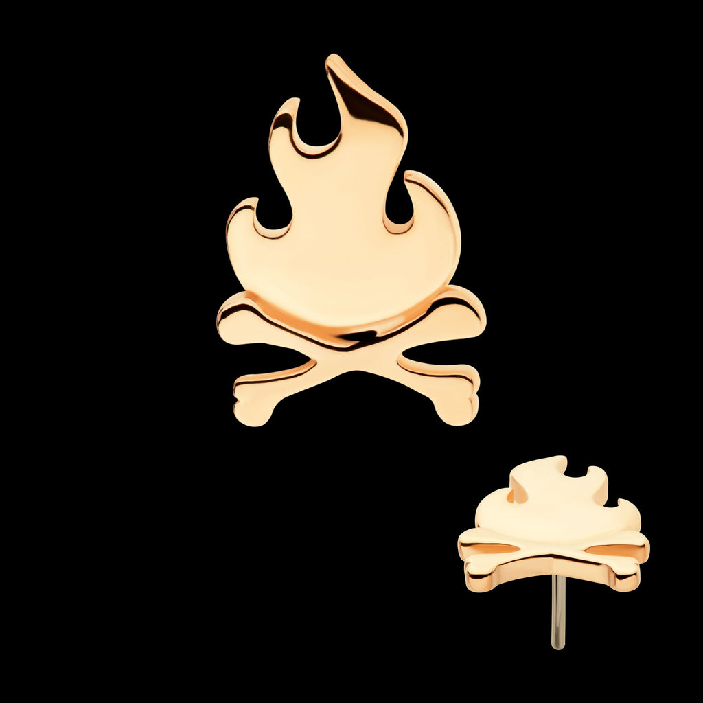 Flame with Crossbone Flatback Stud Earring / Nosering - 14Kt Yellow Gold