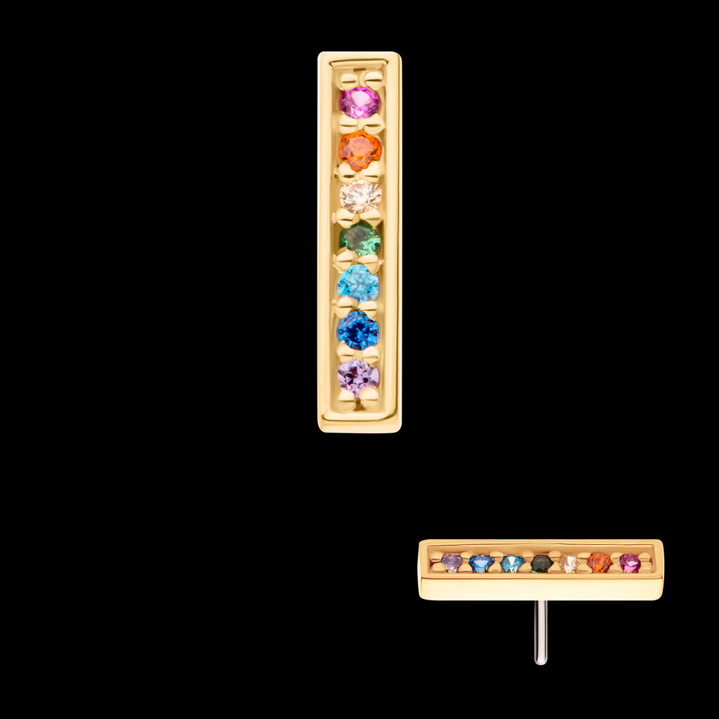 Prong Set Round Rainbow CZ 7-Cluster Bar Flatback Stud Earring / Nosering - Rainbow CZ & CZ in 14Kt Yellow Gold