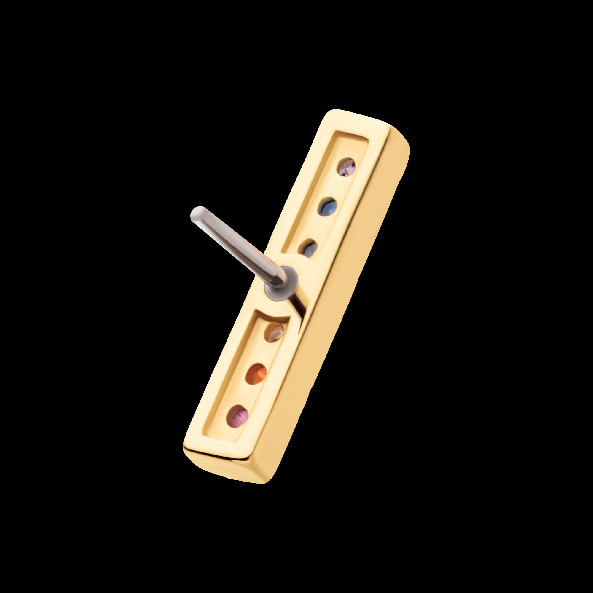 Prong Set Round Rainbow CZ 7-Cluster Bar Flatback Stud Earring / Nosering - Rainbow CZ & CZ in 14Kt Yellow Gold