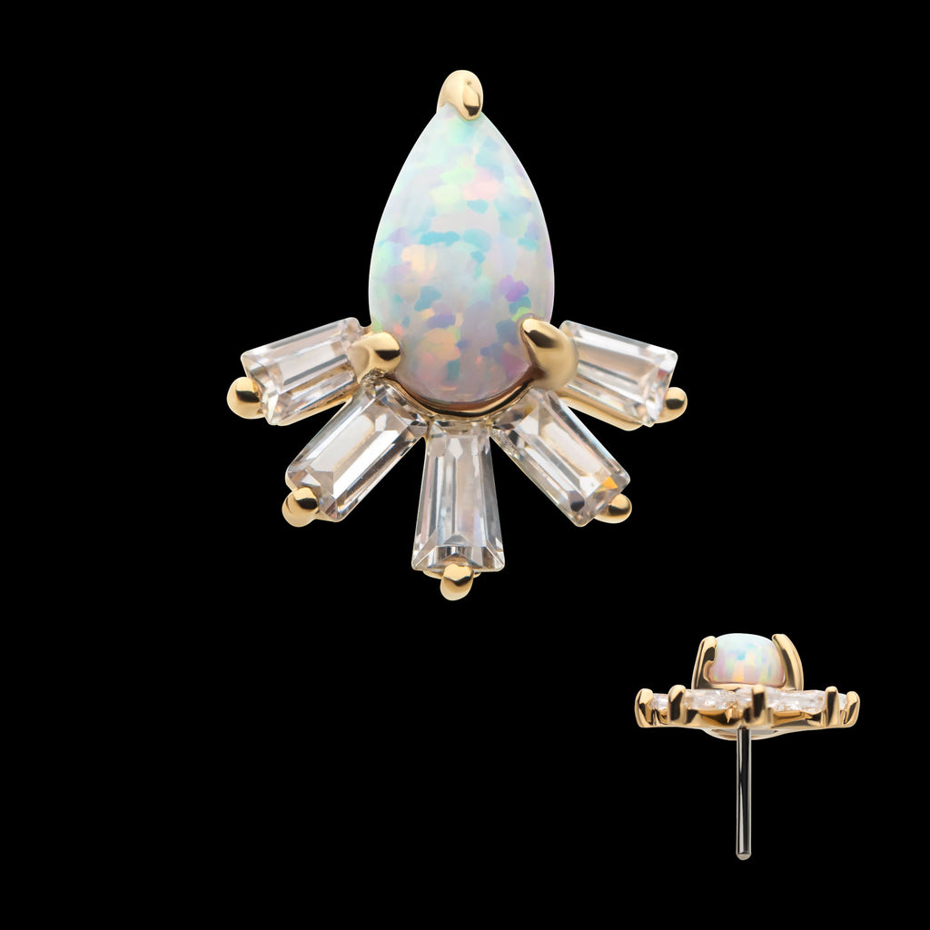 Prong Set Teardrop White Synthetic Opal & Tapered Baguette Clear CZ Cluster Flatback Stud Earring / Nosering - Synthetic Opal & Clear CZ & Opal in 14Kt Yellow Gold