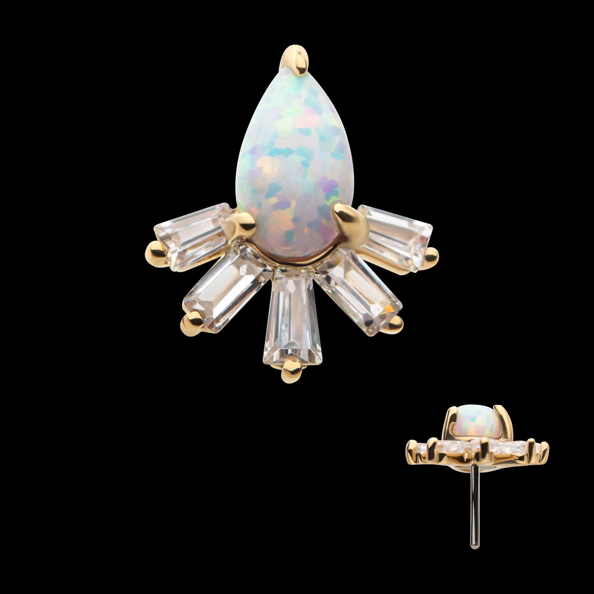 Prong Set Teardrop White Synthetic Opal & Tapered Baguette Clear CZ Cluster Flatback Stud Earring / Nosering - Synthetic Opal & Clear CZ & Opal in 14Kt Yellow Gold
