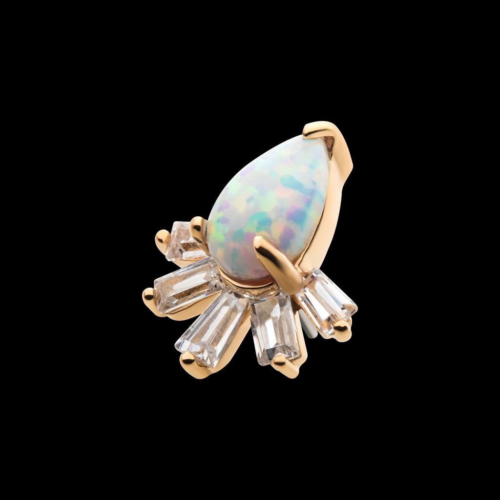 Prong Set Teardrop White Synthetic Opal & Tapered Baguette Clear CZ Cluster Flatback Stud Earring / Nosering - Synthetic Opal & Clear CZ & Opal in 14Kt Yellow Gold