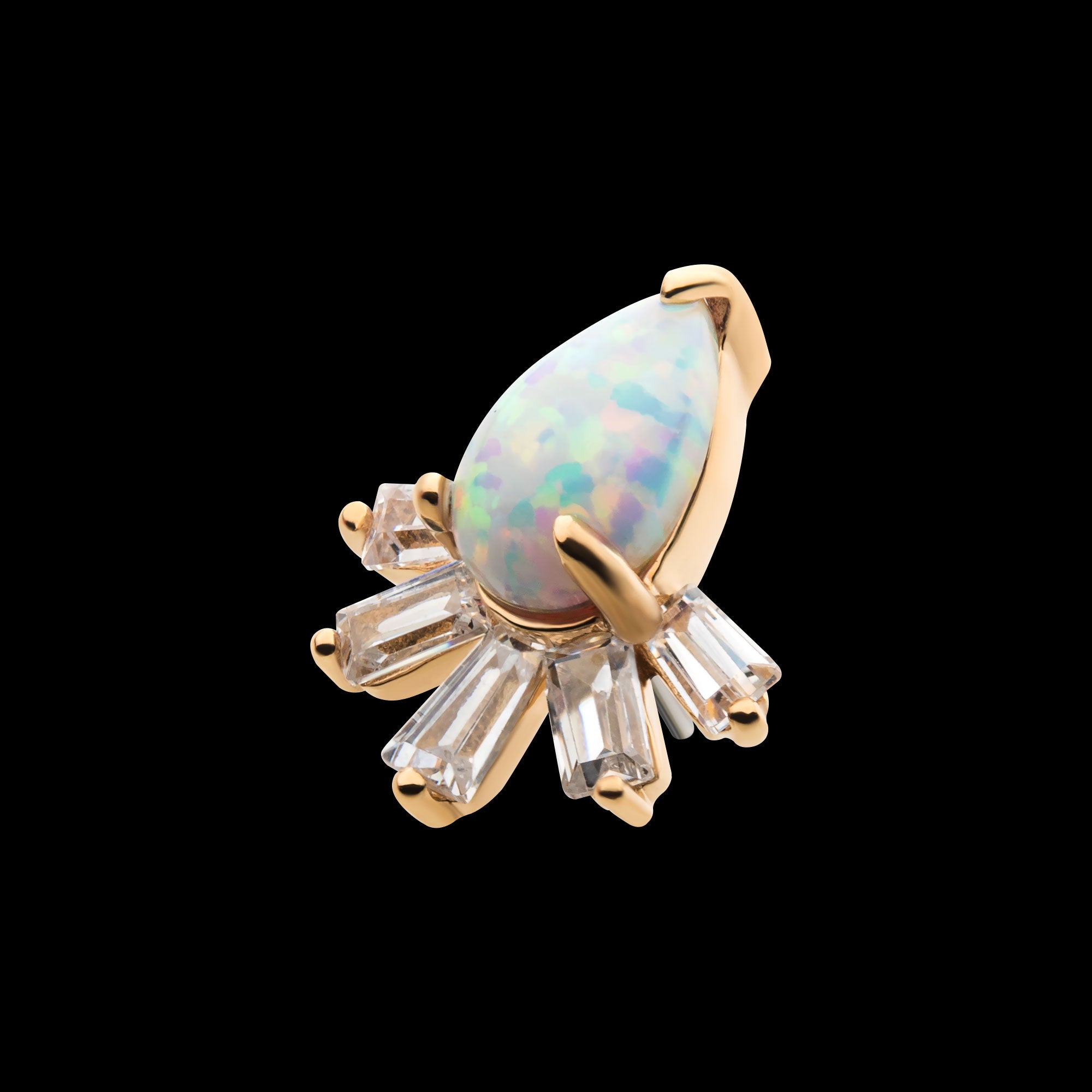 Prong Set Teardrop White Synthetic Opal & Tapered Baguette Clear CZ Cluster Flatback Stud Earring / Nosering - Synthetic Opal & Clear CZ & Opal in 14Kt Yellow Gold