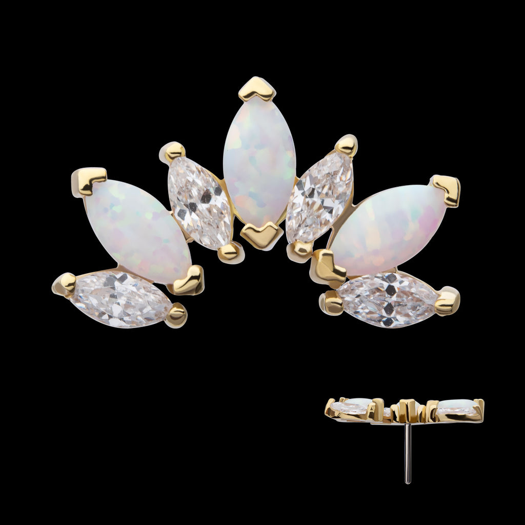 Prong Set Marquise CZ/Opal Fan Shape 7-Cluster Flatback Stud Earring / Nosering - Opal & CZ & Opal & CZ in 14Kt Yellow Gold
