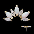 Prong Set Marquise CZ/Opal Fan Shape 7-Cluster Flatback Stud Earring / Nosering - Opal & CZ & Opal & CZ in 14Kt Yellow Gold