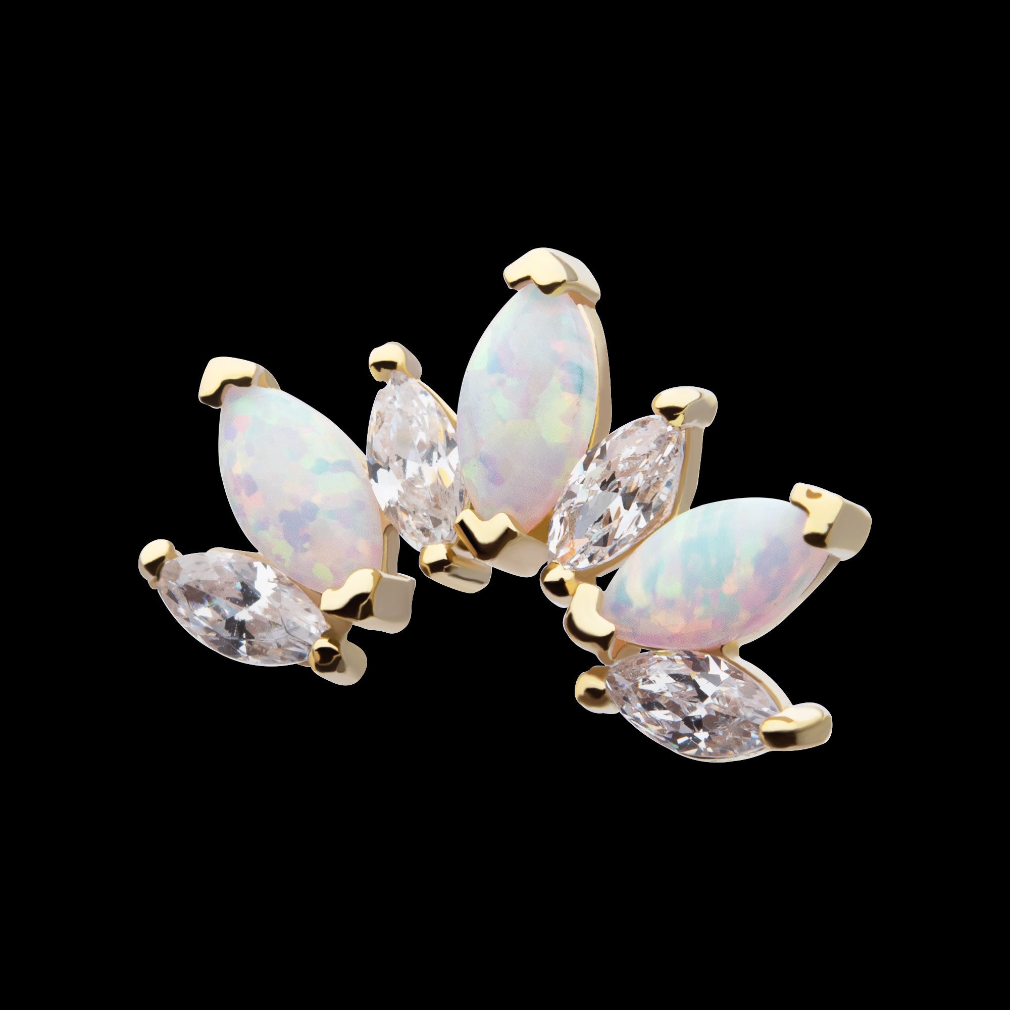 Prong Set Marquise CZ/Opal Fan Shape 7-Cluster Flatback Stud Earring / Nosering - Opal & CZ & Opal & CZ in 14Kt Yellow Gold