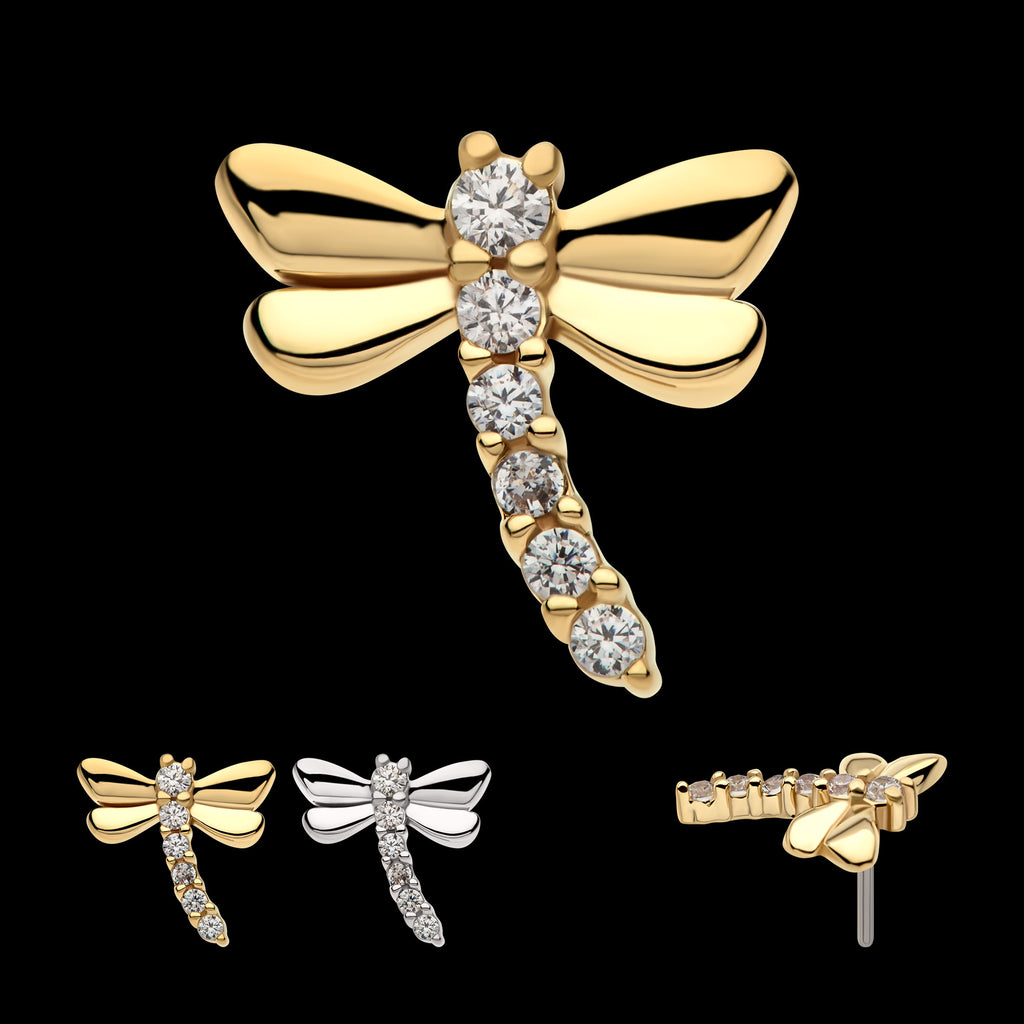 Dragonfly with 6-Cluster Prong Set Gem Flatback Stud Earring / Nosering - Gem in 14Kt Gold