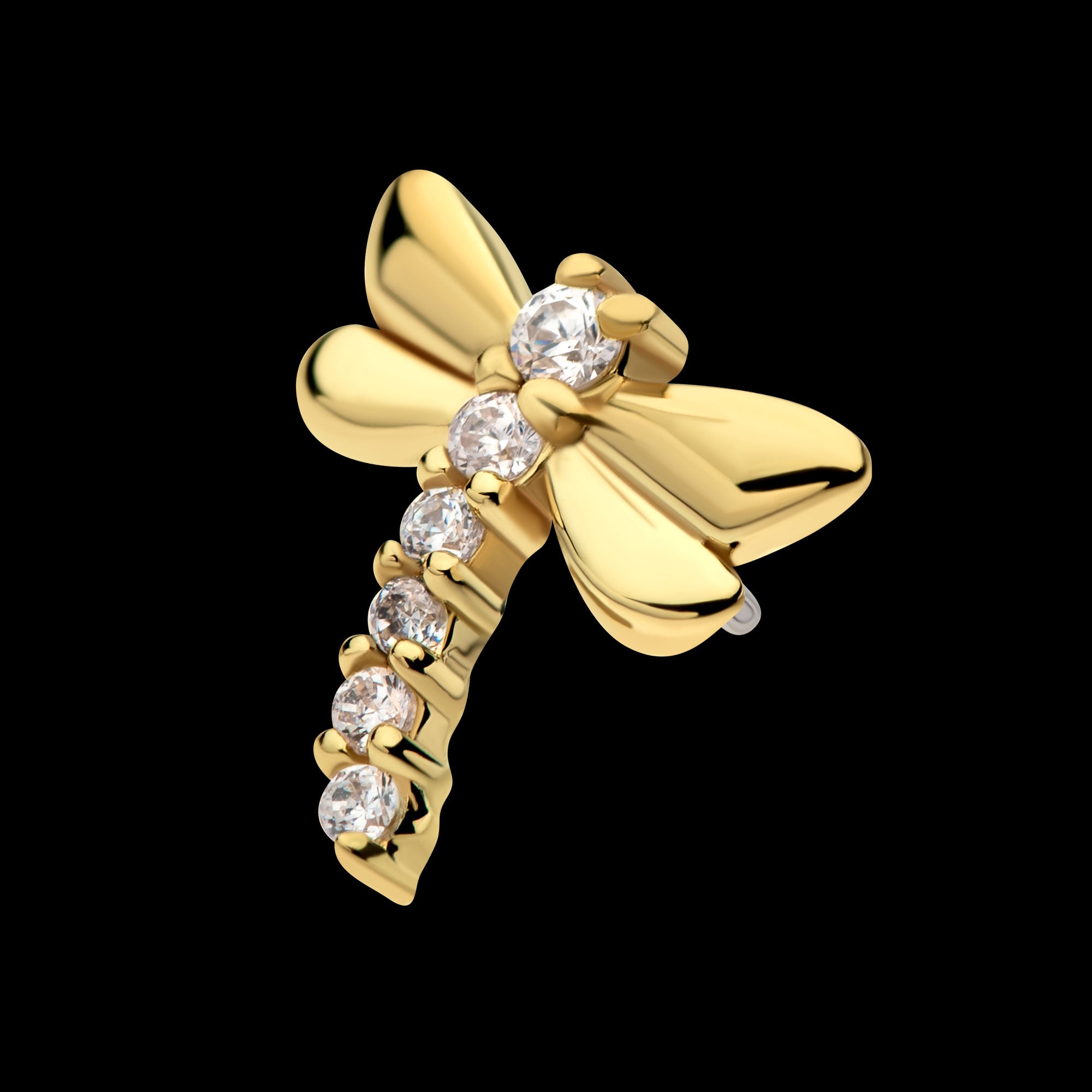 Dragonfly with 6-Cluster Prong Set Gem Flatback Stud Earring / Nosering - Gem in 14Kt Gold