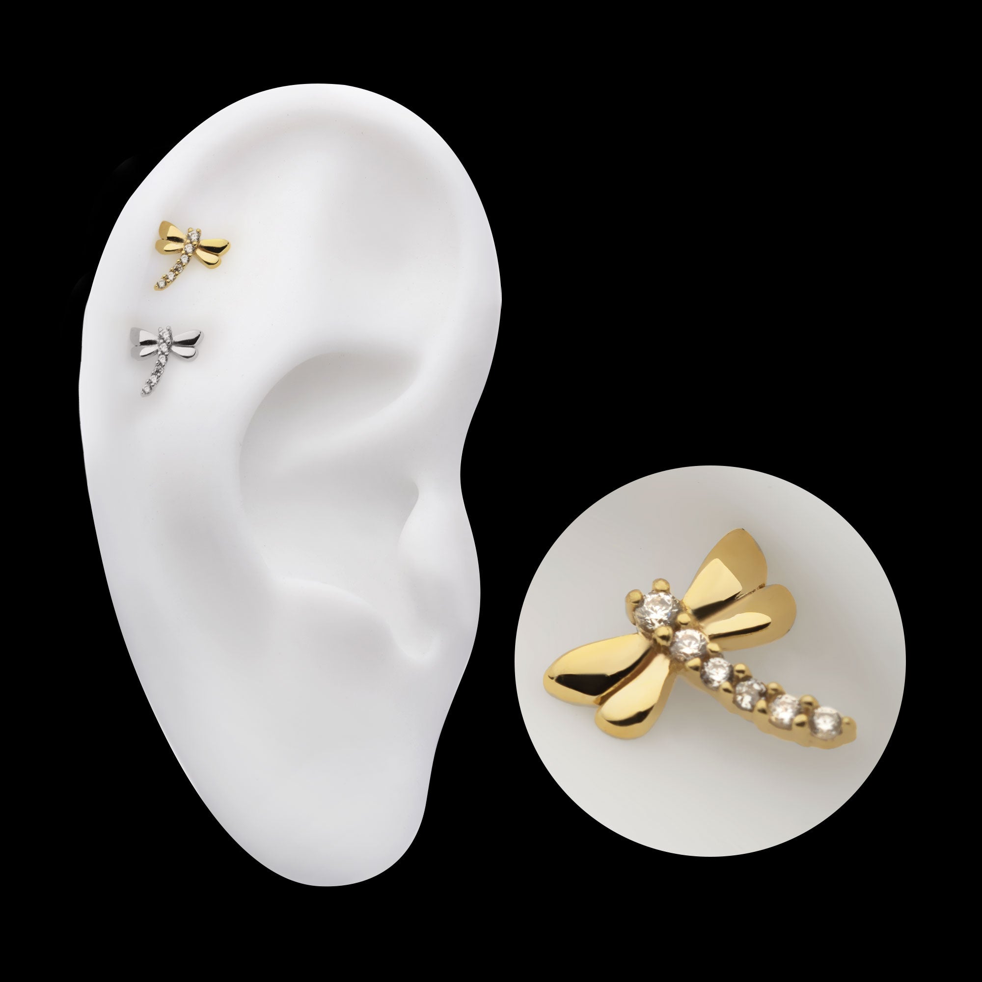 Dragonfly with 6-Cluster Prong Set Gem Flatback Stud Earring / Nosering - Gem in 14Kt Gold