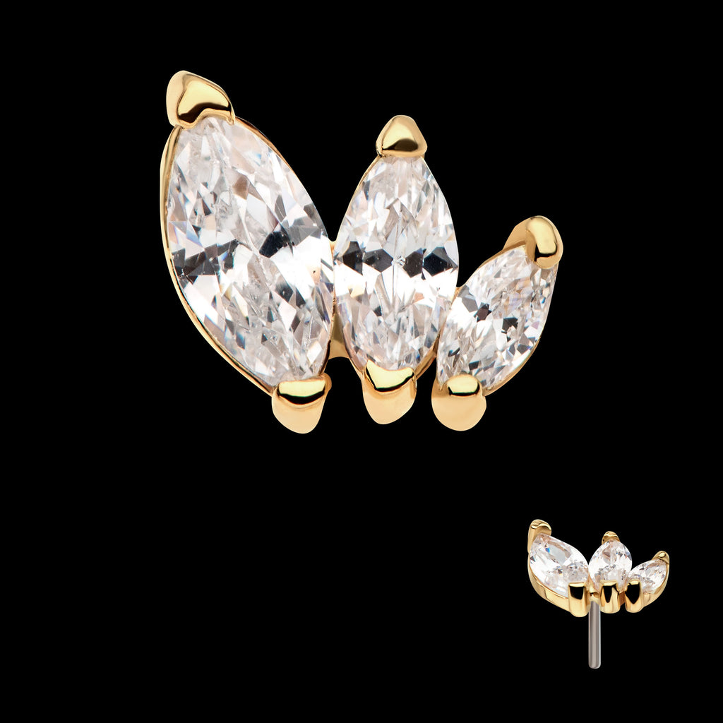 Descending Size Marquise CZ 3-Cluster Flatback Stud Earring / Nosering - CZ in 14Kt Yellow Gold