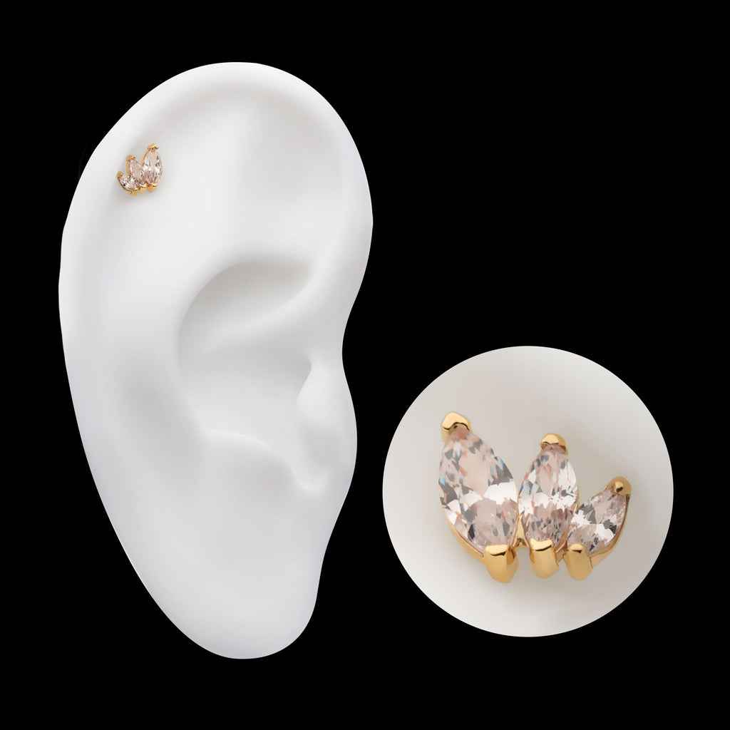 Descending Size Marquise CZ 3-Cluster Flatback Stud Earring / Nosering - CZ in 14Kt Yellow Gold
