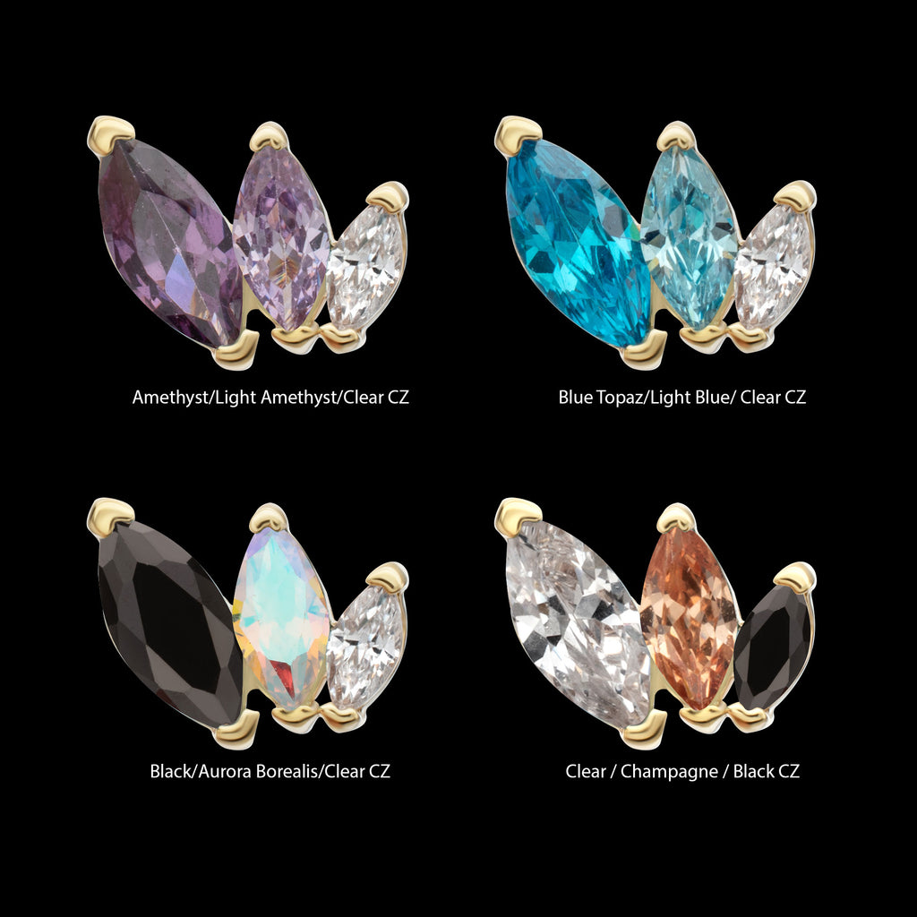 Marquise Cascade Triple Gem Flatback Stud Earring / Nosering - Gem in 14Kt Yellow Gold