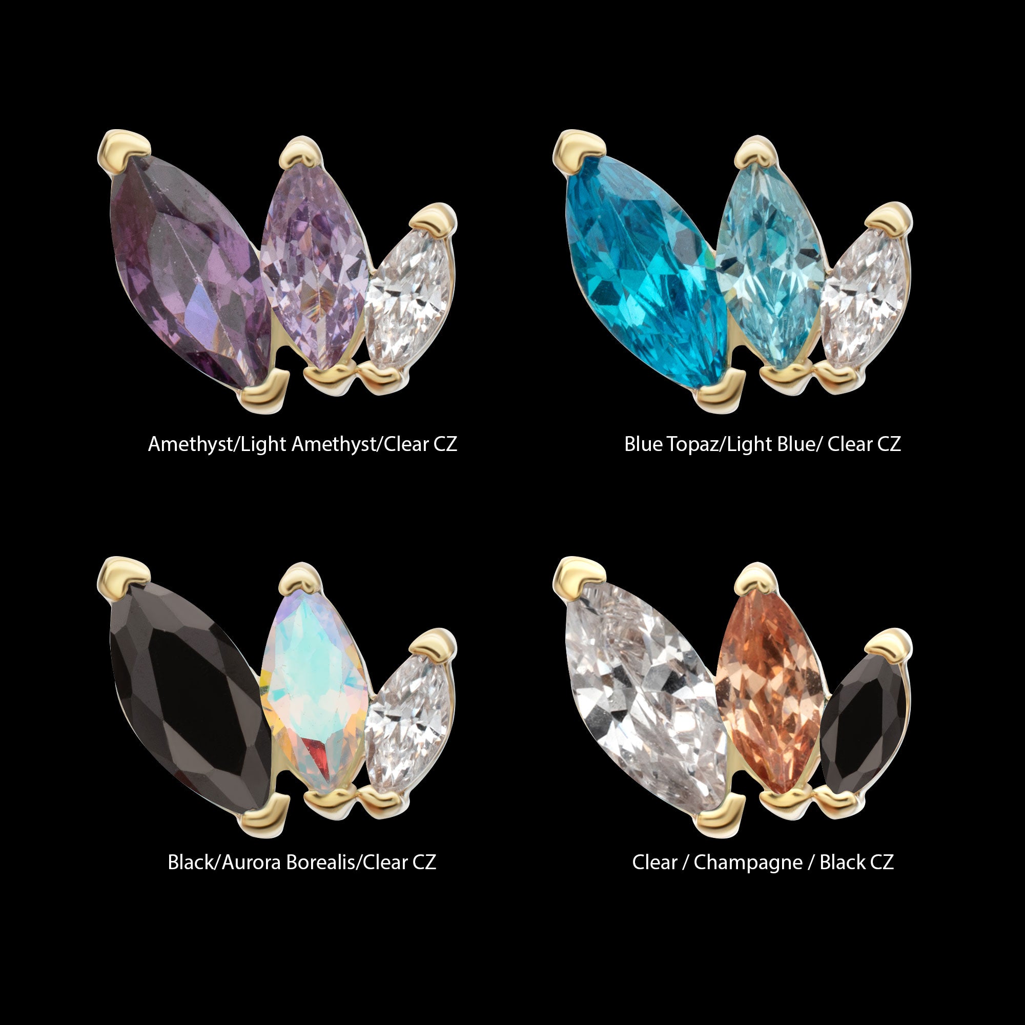 Marquise Cascade Triple Gem Flatback Stud Earring / Nosering - Gem in 14Kt Yellow Gold