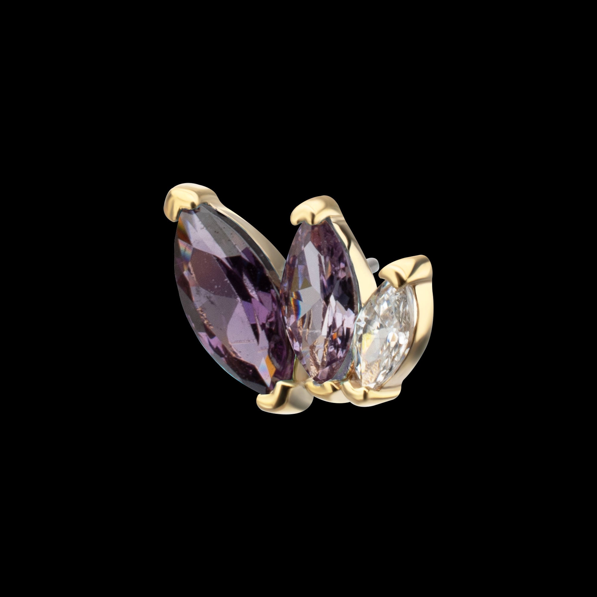 Marquise Cascade Triple Gem Flatback Stud Earring / Nosering - Gem in 14Kt Yellow Gold