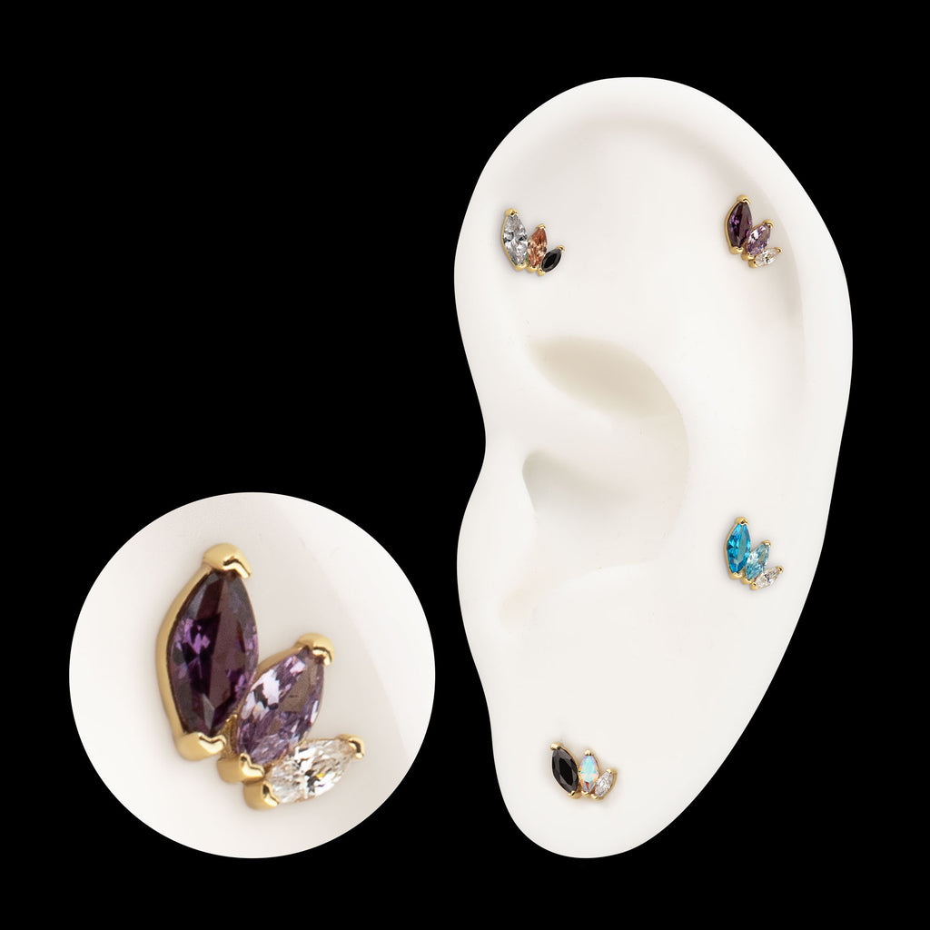 Marquise Cascade Triple Gem Flatback Stud Earring / Nosering - Gem in 14Kt Yellow Gold