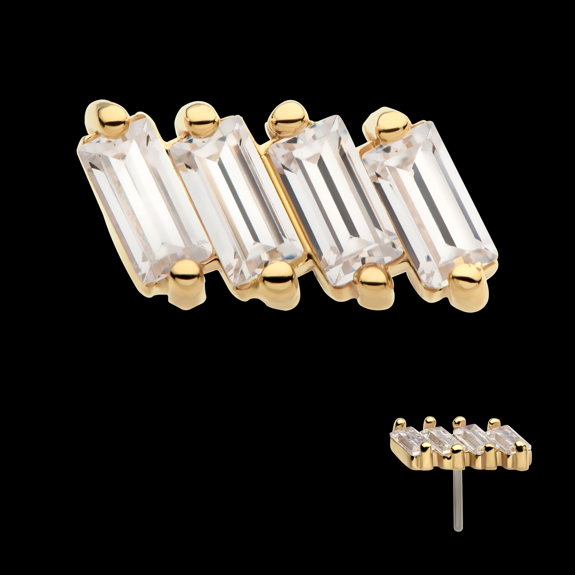 Baguette CZ 4-Cluster Flatback Stud Earring / Nosering - CZ in 14Kt Yellow Gold