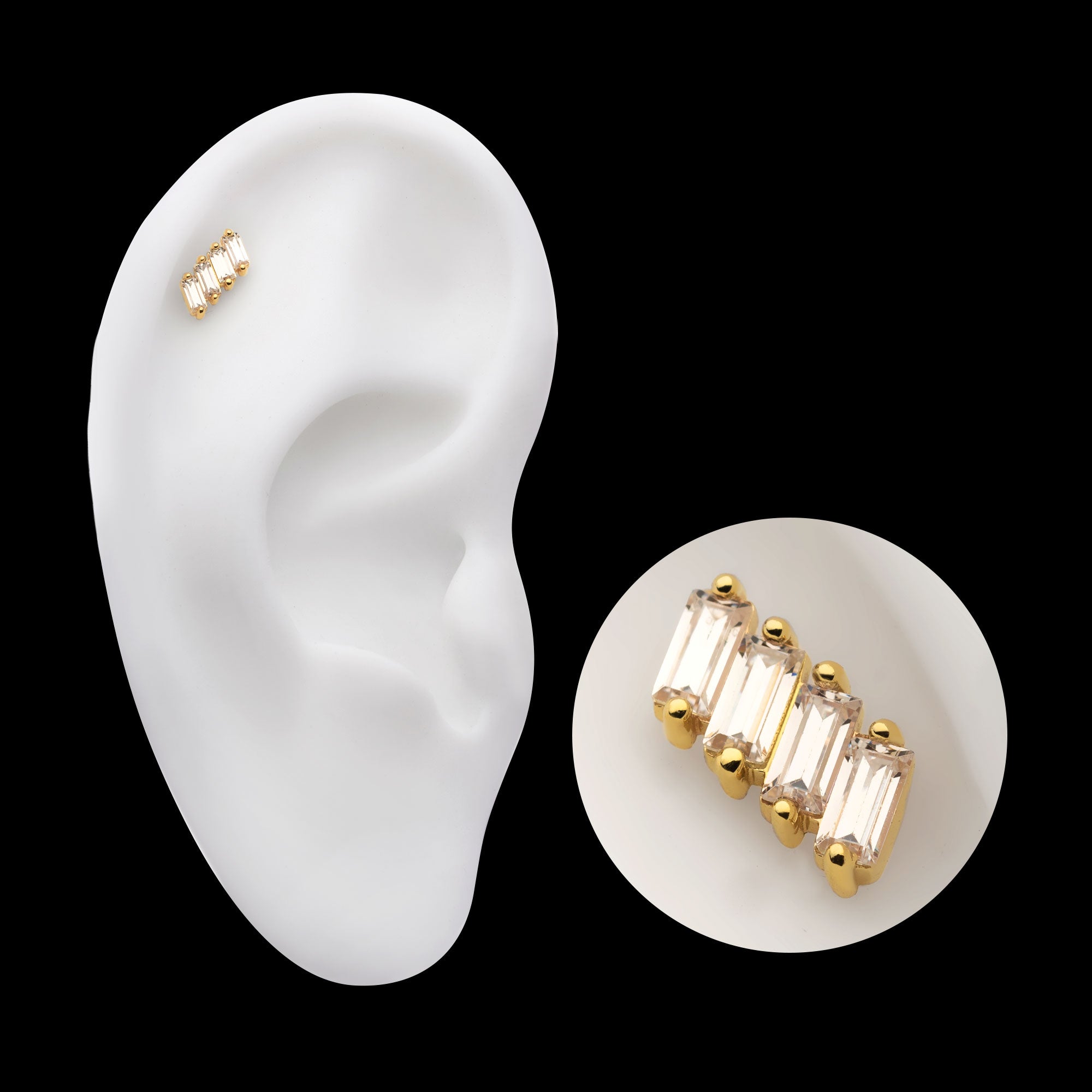 Baguette CZ 4-Cluster Flatback Stud Earring / Nosering - CZ in 14Kt Yellow Gold