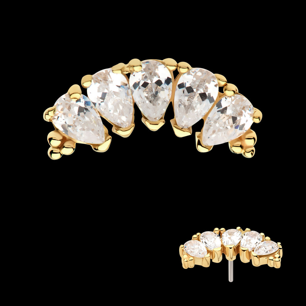 Tri Beads & Teardrop CZ 5-Cluster Flatback Stud Earring / Nosering - CZ in 14Kt Yellow Gold