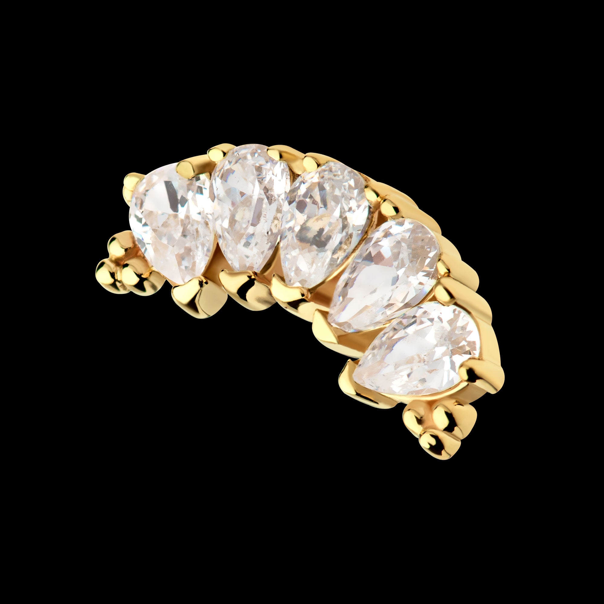 Tri Beads & Teardrop CZ 5-Cluster Flatback Stud Earring / Nosering - CZ in 14Kt Yellow Gold