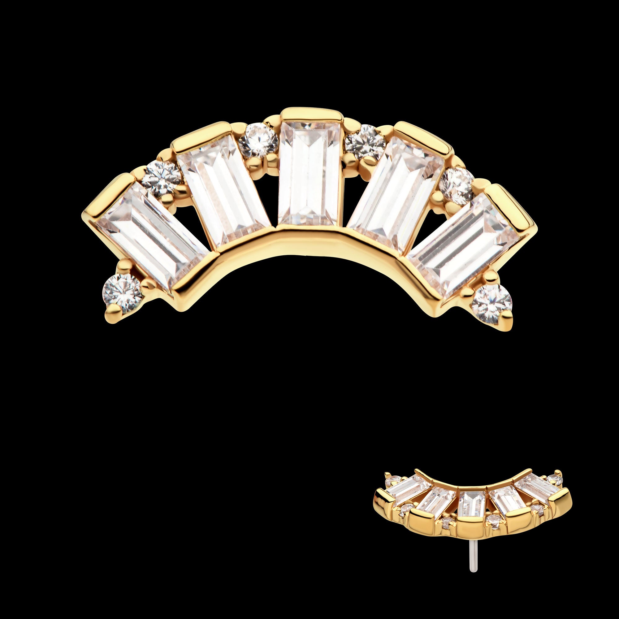 Round & Baguette CZ 5-Cluster Flatback Stud Earring / Nosering - CZ in 14Kt Yellow Gold