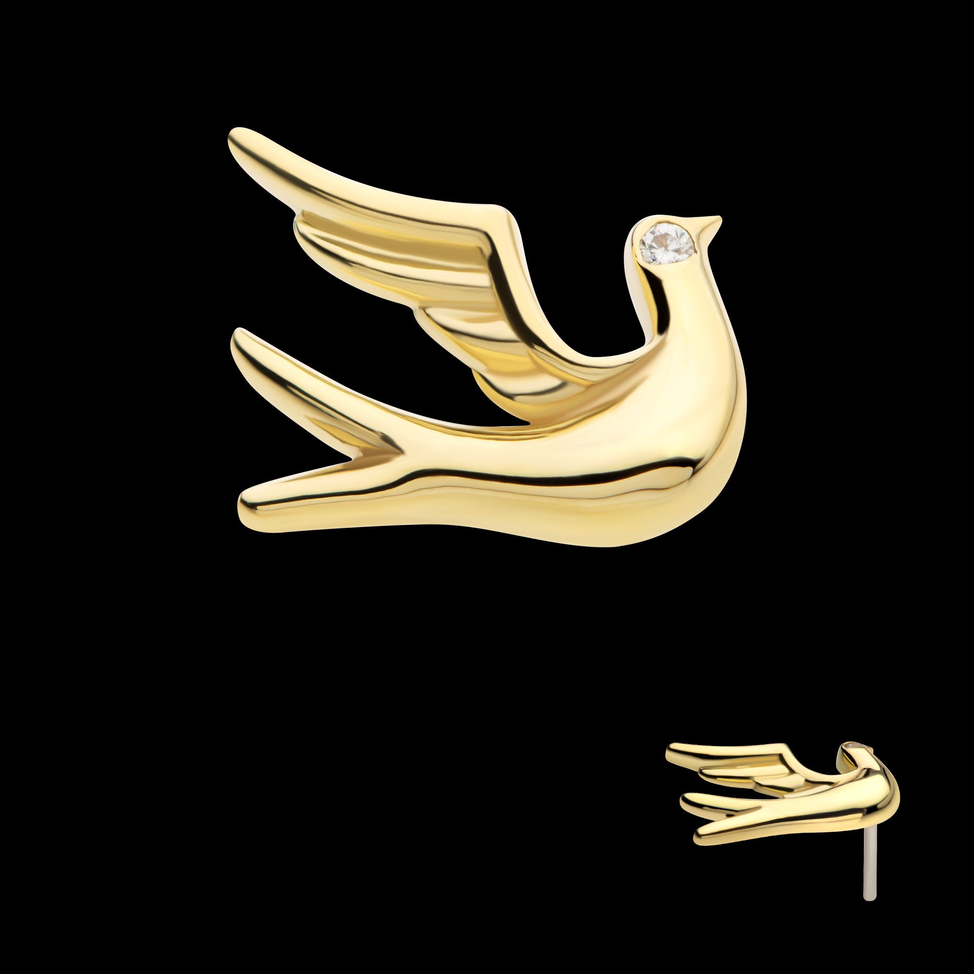 Flying Dove with CZ Flatback Stud Earring / Nosering - CZ in 14Kt Yellow Gold