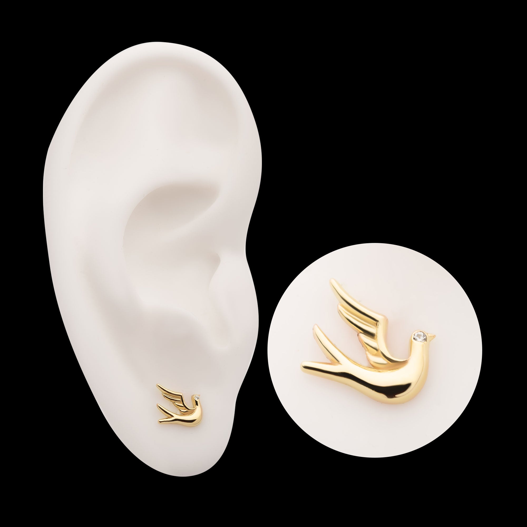 Flying Dove with CZ Flatback Stud Earring / Nosering - CZ in 14Kt Yellow Gold