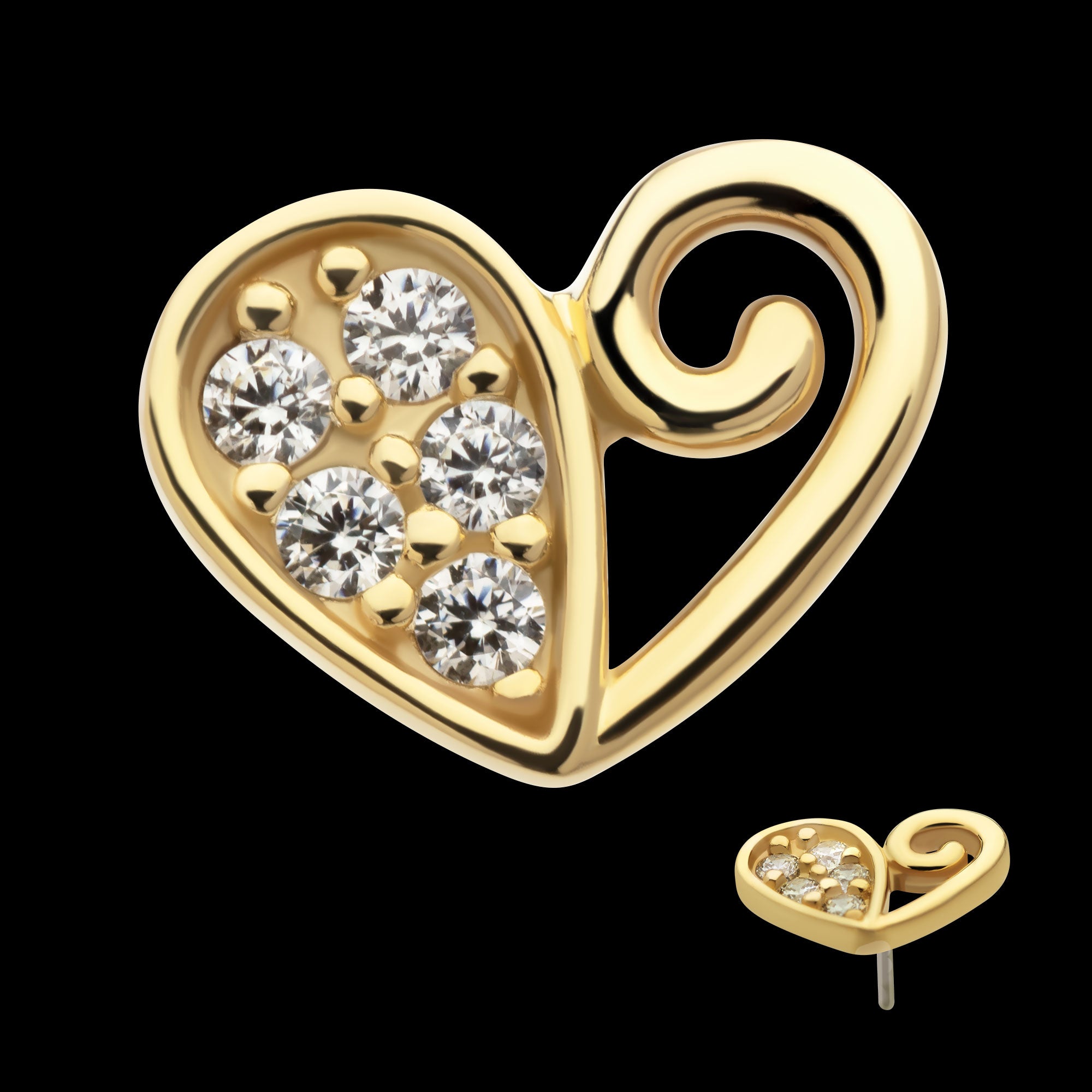 Half Heart with CZ Flatback Stud Earring / Nosering - CZ in 14Kt Yellow Gold