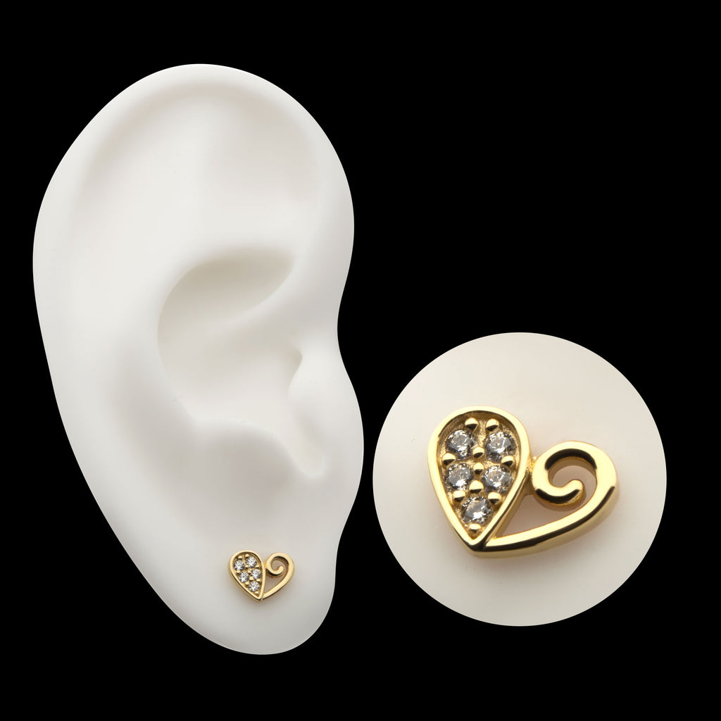 Half Heart with CZ Flatback Stud Earring / Nosering - CZ in 14Kt Yellow Gold