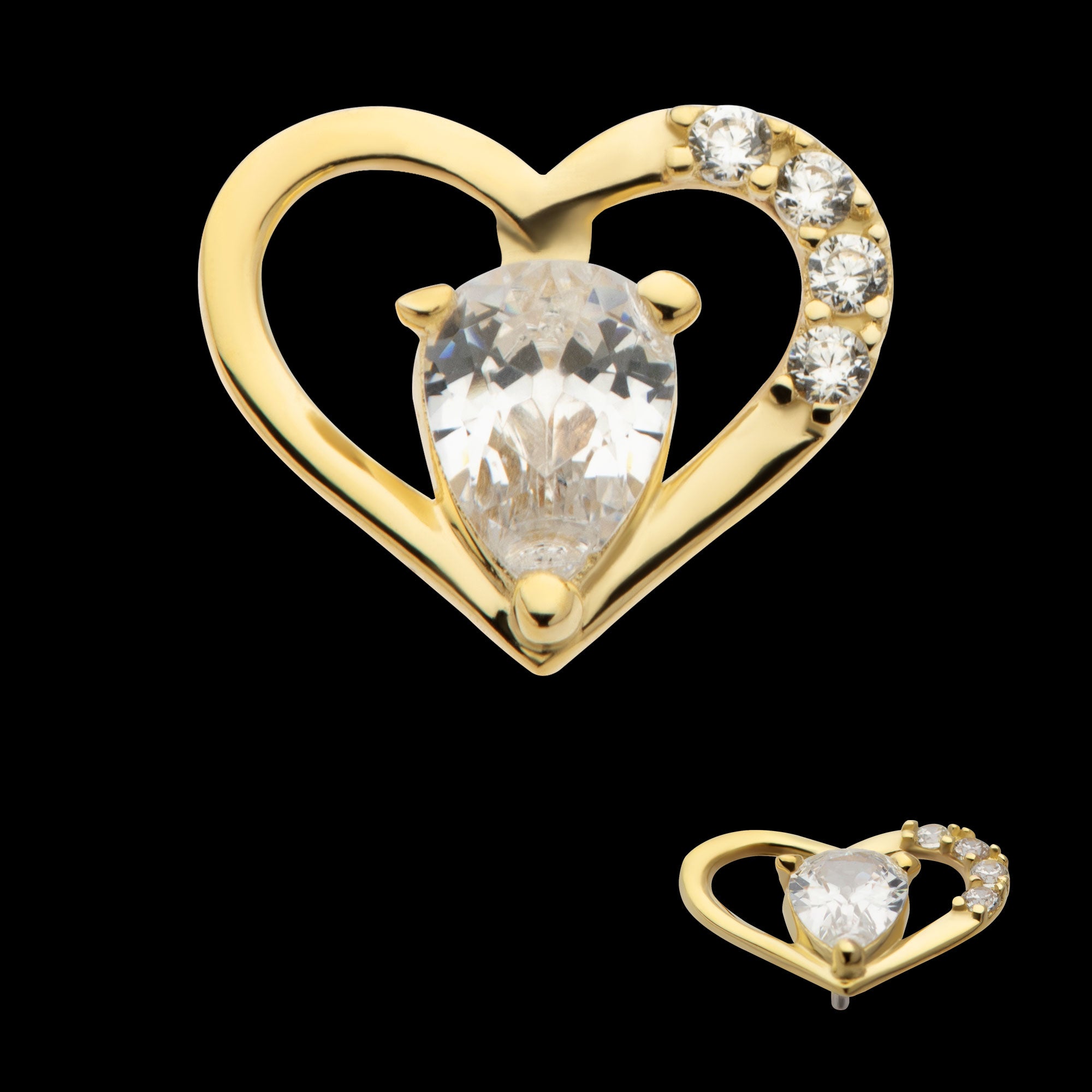 Cut Out Heart with Teardrop & Round CZ Flatback Stud Earring / Nosering - CZ in 14Kt Yellow Gold
