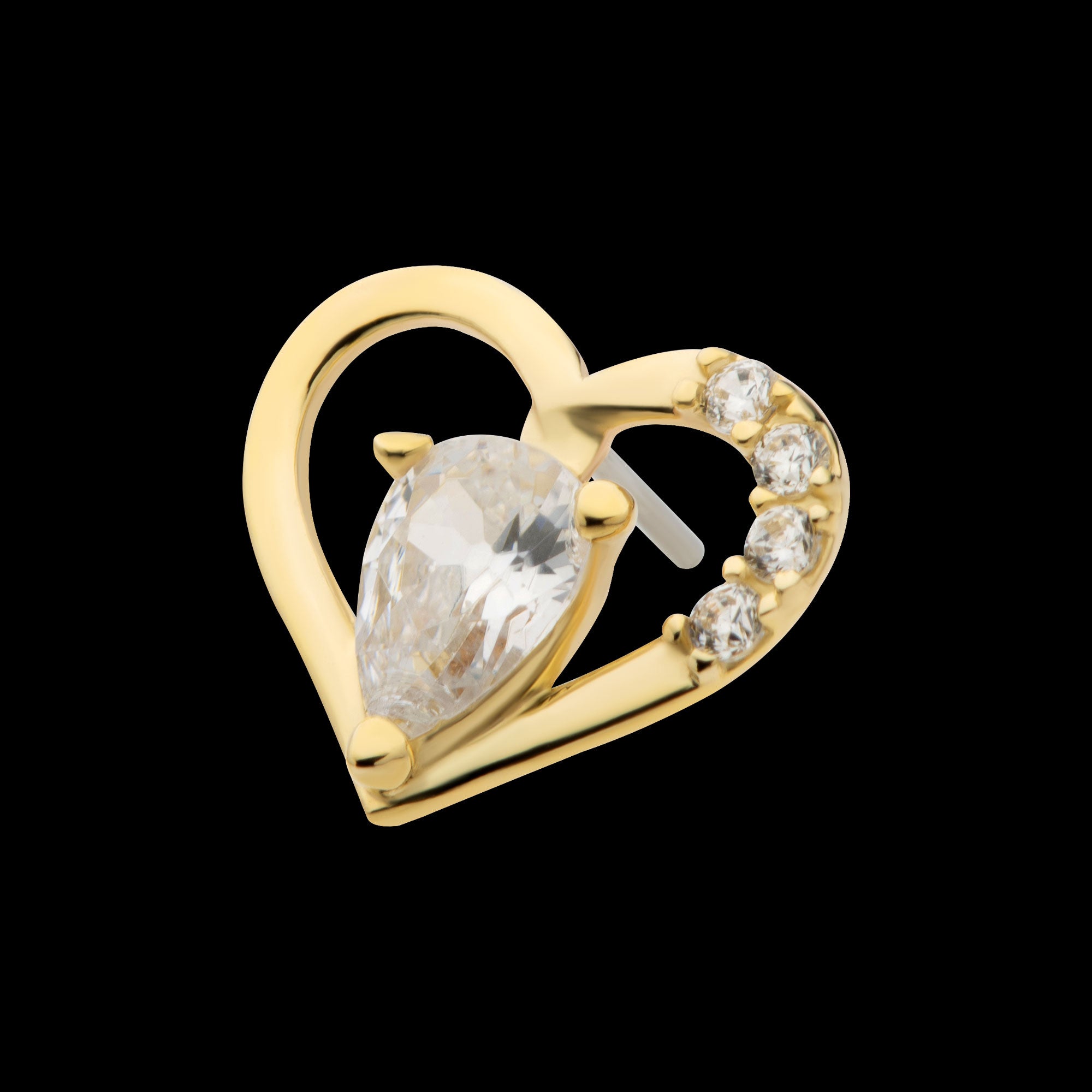 Cut Out Heart with Teardrop & Round CZ Flatback Stud Earring / Nosering - CZ in 14Kt Yellow Gold
