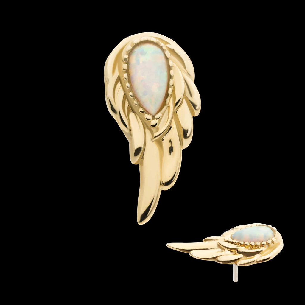Prong Set Teardrop White Opal Wing (Left Ear) Flatback Stud Earring / Nosering - White Opal & Opal in 14Kt Yellow Gold