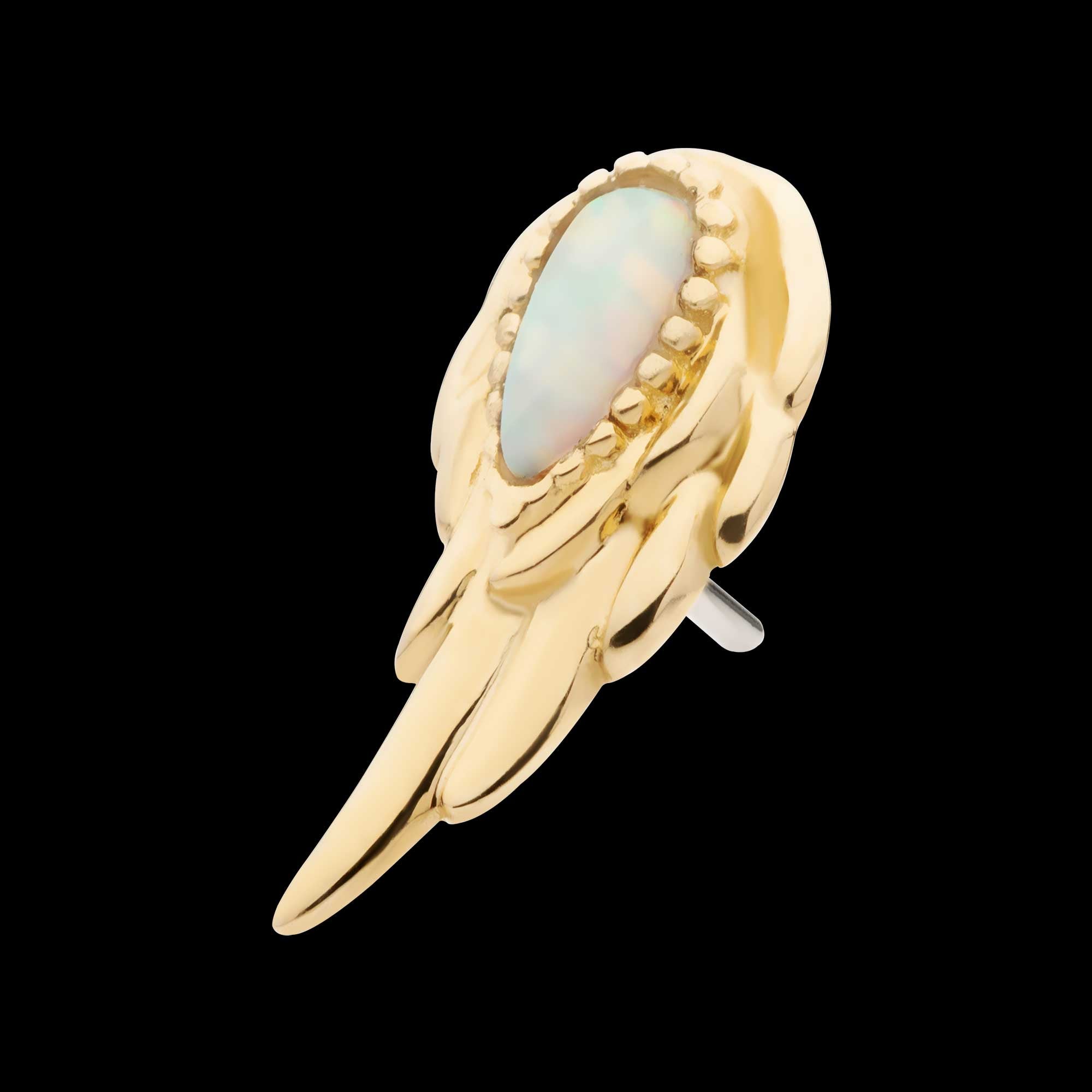 Prong Set Teardrop White Opal Wing (Left Ear) Flatback Stud Earring / Nosering - White Opal & Opal in 14Kt Yellow Gold