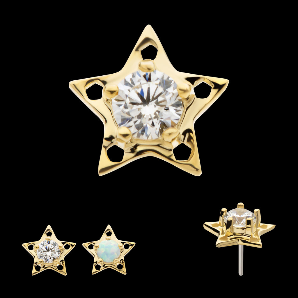 Star with Prong Set CZ/Opal Flatback Stud Earring / Nosering - Opal & CZ & Opal & CZ in 14Kt Yellow Gold