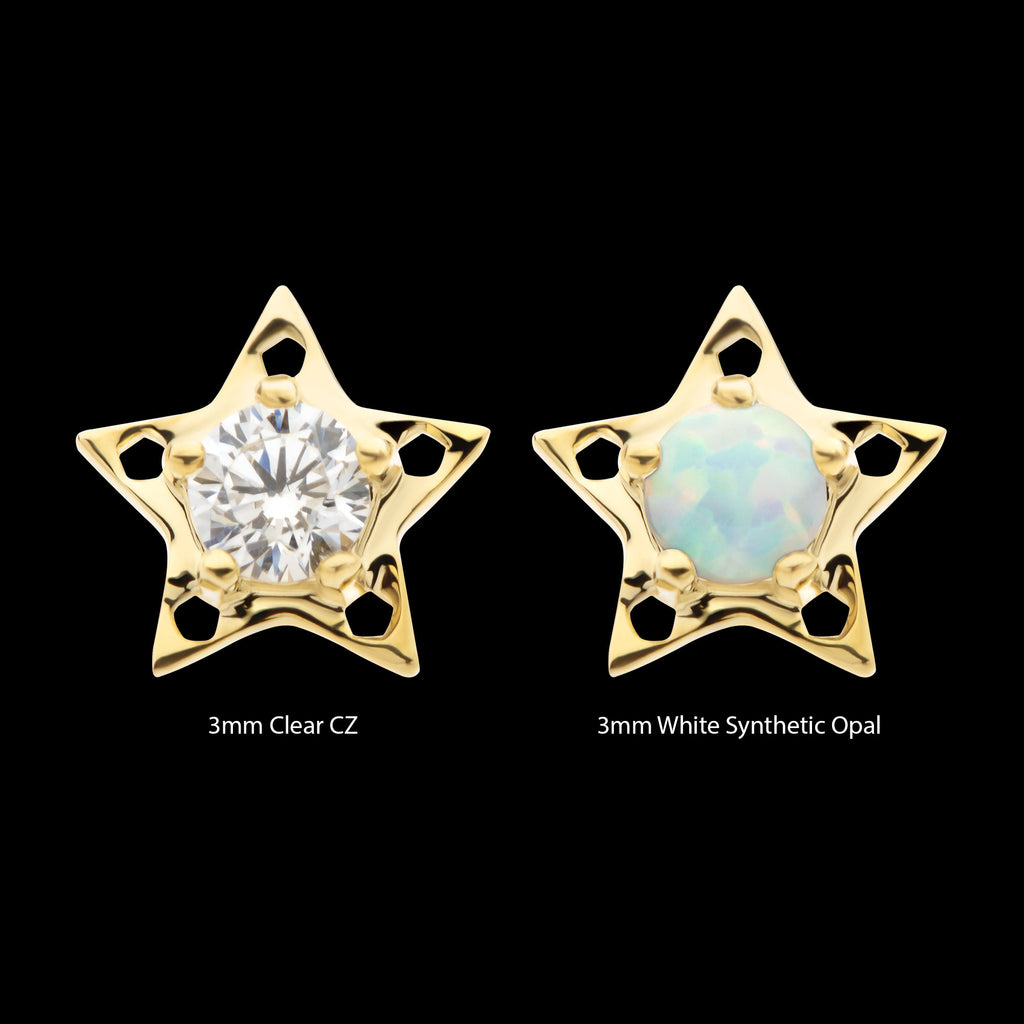 Star with Prong Set CZ/Opal Flatback Stud Earring / Nosering - Opal & CZ & Opal & CZ in 14Kt Yellow Gold