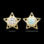 Star with Prong Set CZ/Opal Flatback Stud Earring / Nosering - Opal & CZ & Opal & CZ in 14Kt Yellow Gold