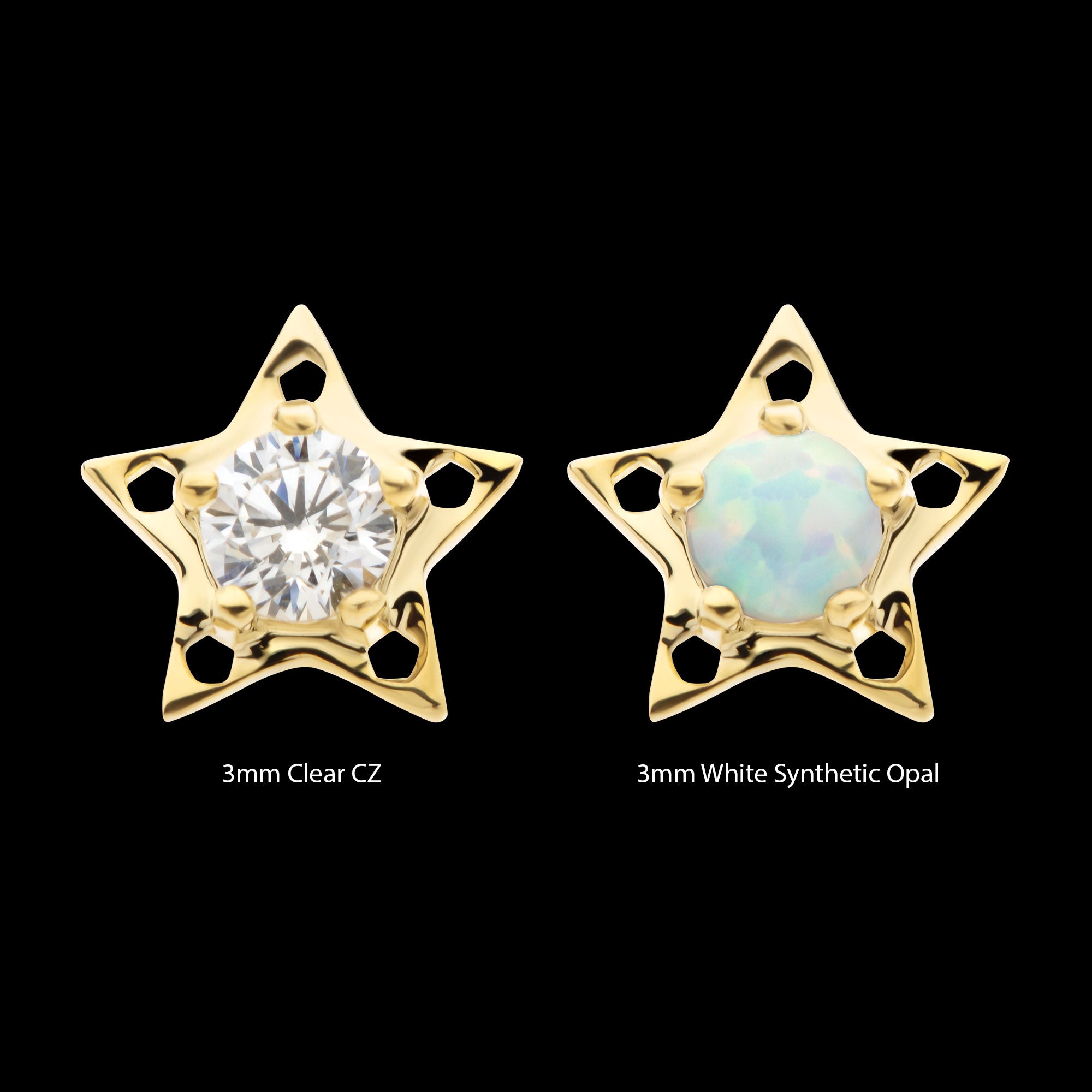 Star with Prong Set CZ/Opal Flatback Stud Earring / Nosering - Opal & CZ & Opal & CZ in 14Kt Yellow Gold